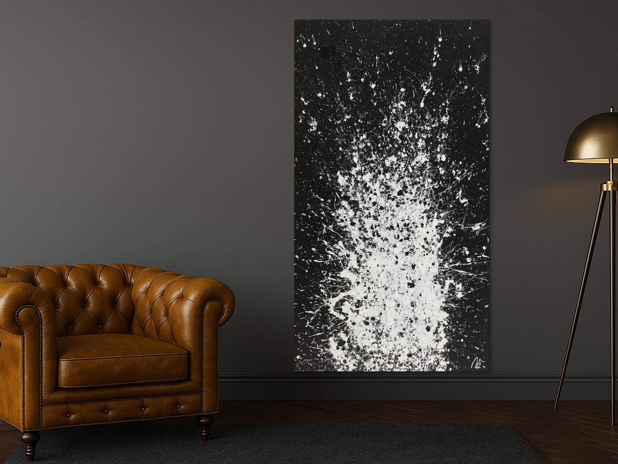 Abstraktes Acrylbild Action Painting schwarz weiß Hochformat Modern Art auf Leinwand handgemalt