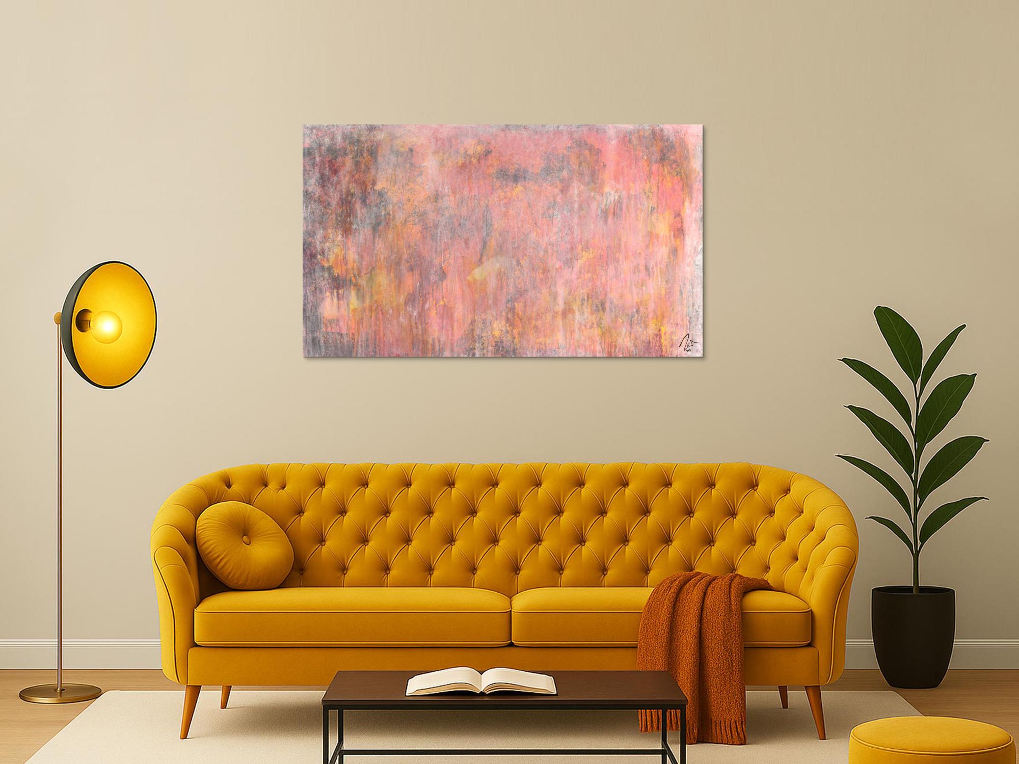 Abstraktes Acrylbild helle Farben altrosa weiß gelb anthrazit Modern Art zeitgenössisch