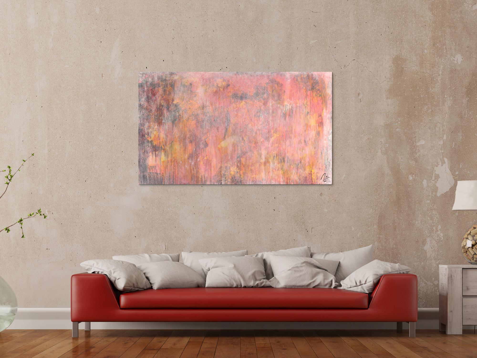 Abstraktes Acrylbild helle Farben altrosa weiß gelb anthrazit Modern Art zeitgenössisch