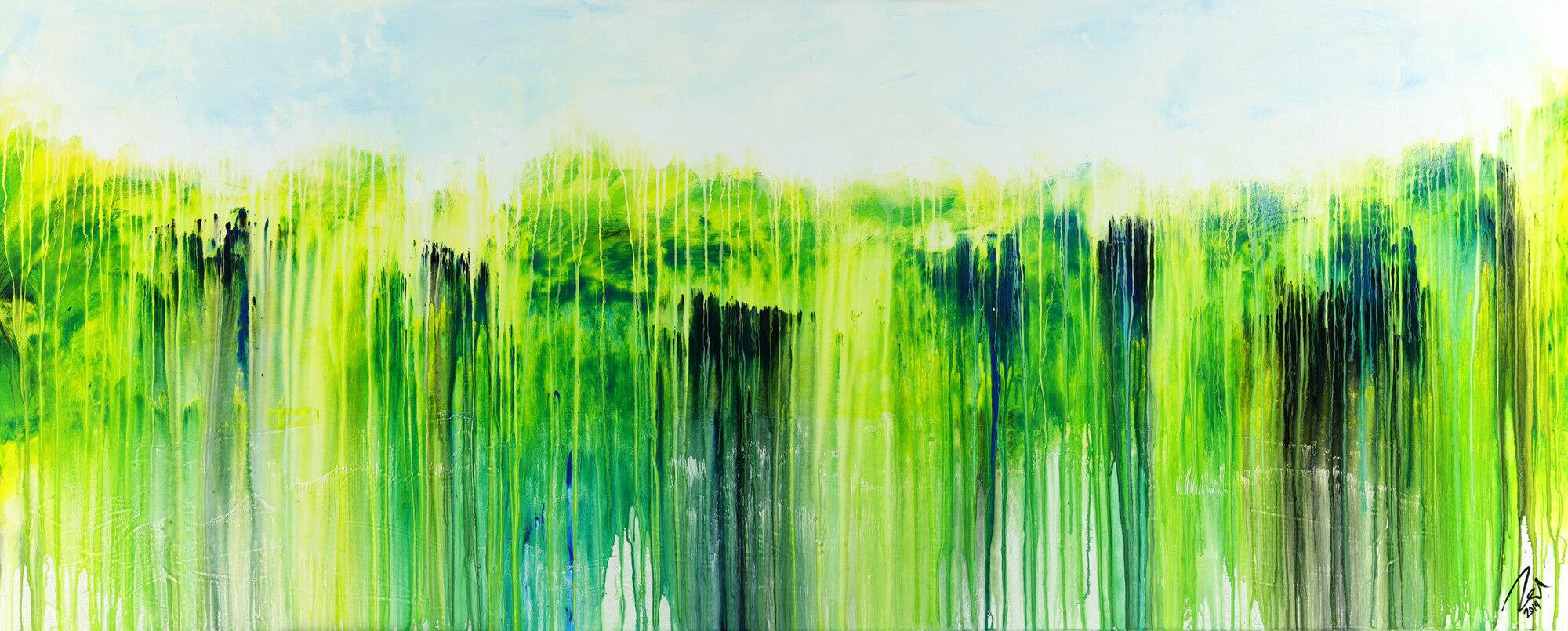 Abstraktes Acrylbild zeitgenössisch handgemalt Modern Art weiß gelb blau grün auf Leinwand