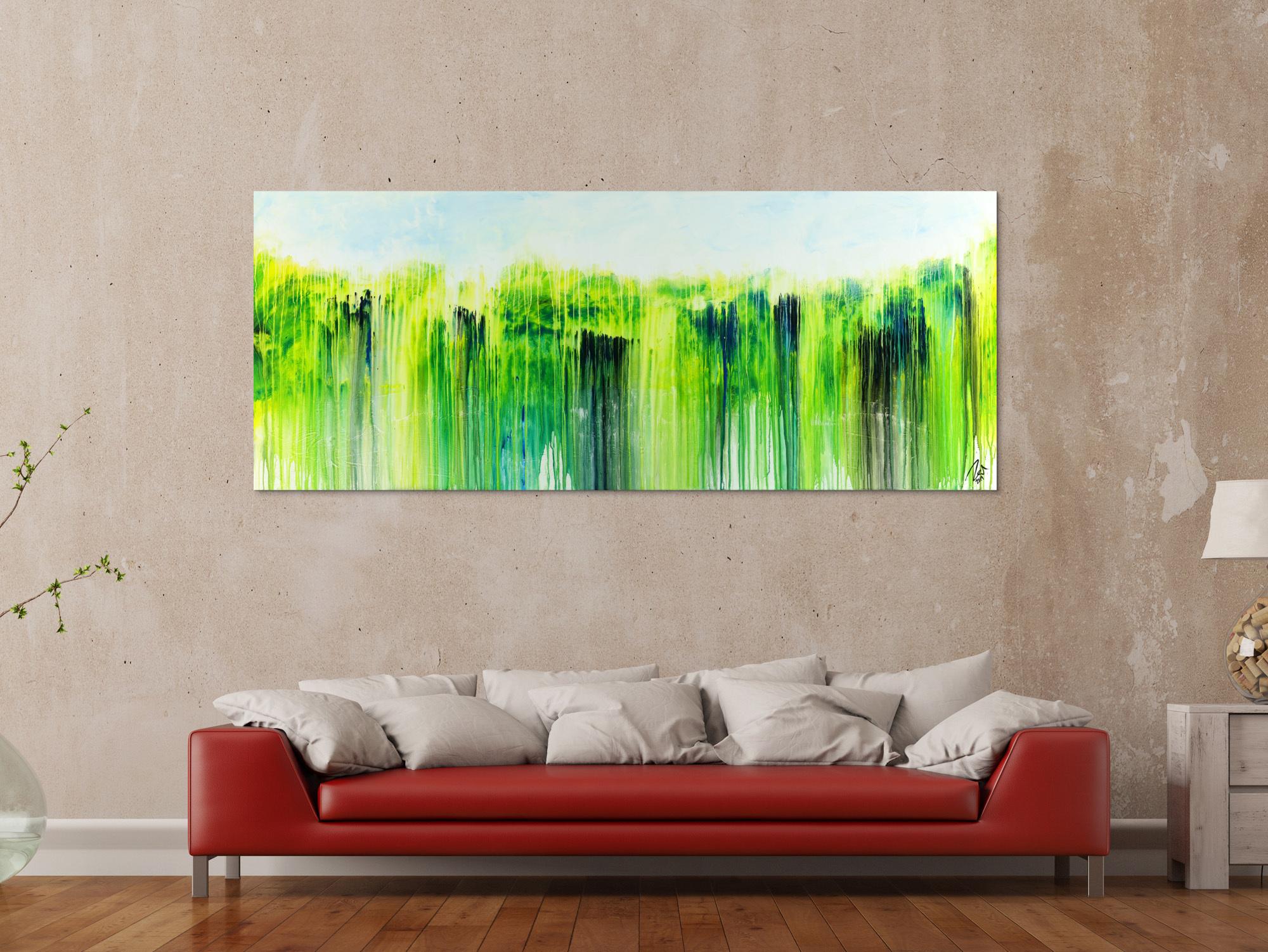 Abstraktes Acrylbild zeitgenössisch handgemalt Modern Art weiß gelb blau grün auf Leinwand