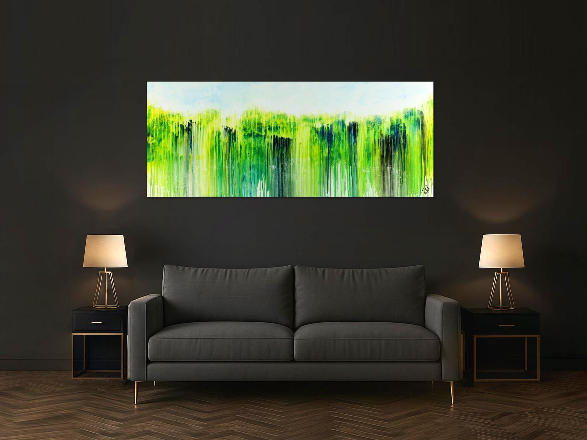 Abstraktes Acrylbild zeitgenössisch handgemalt Modern Art weiß gelb blau grün auf Leinwand