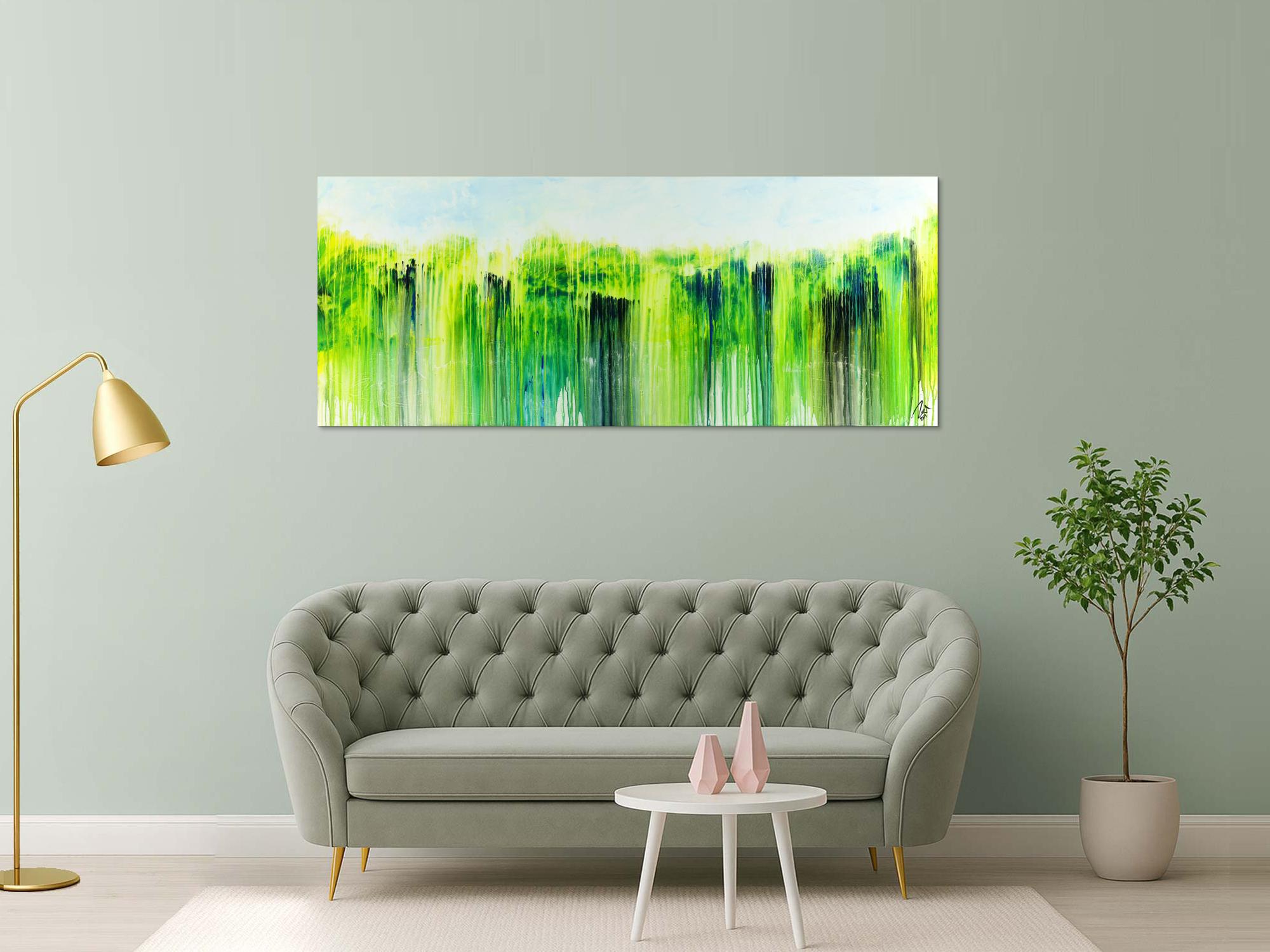 Abstraktes Acrylbild zeitgenössisch handgemalt Modern Art weiß gelb blau grün auf Leinwand