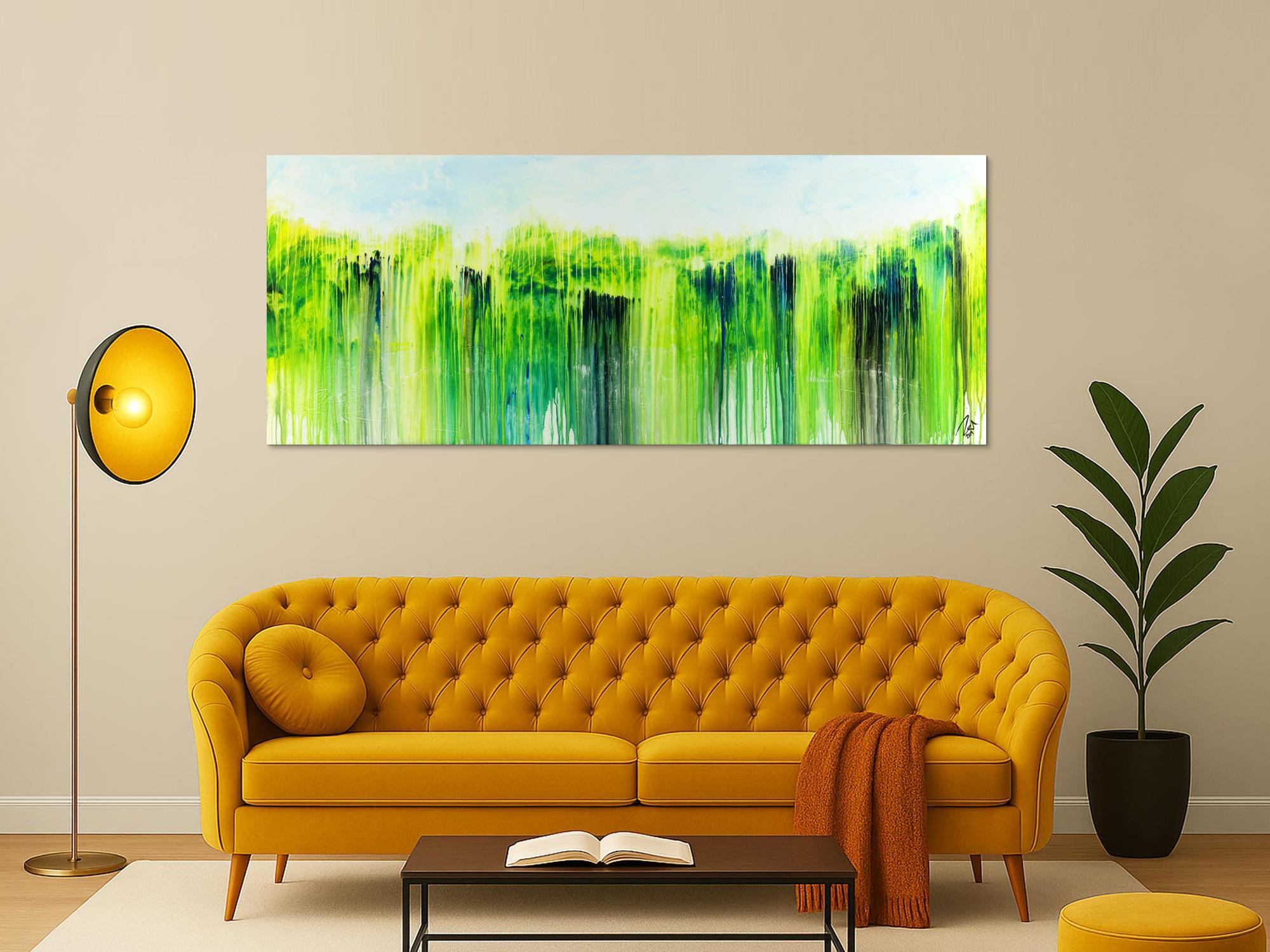 Abstraktes Acrylbild zeitgenössisch handgemalt Modern Art weiß gelb blau grün auf Leinwand