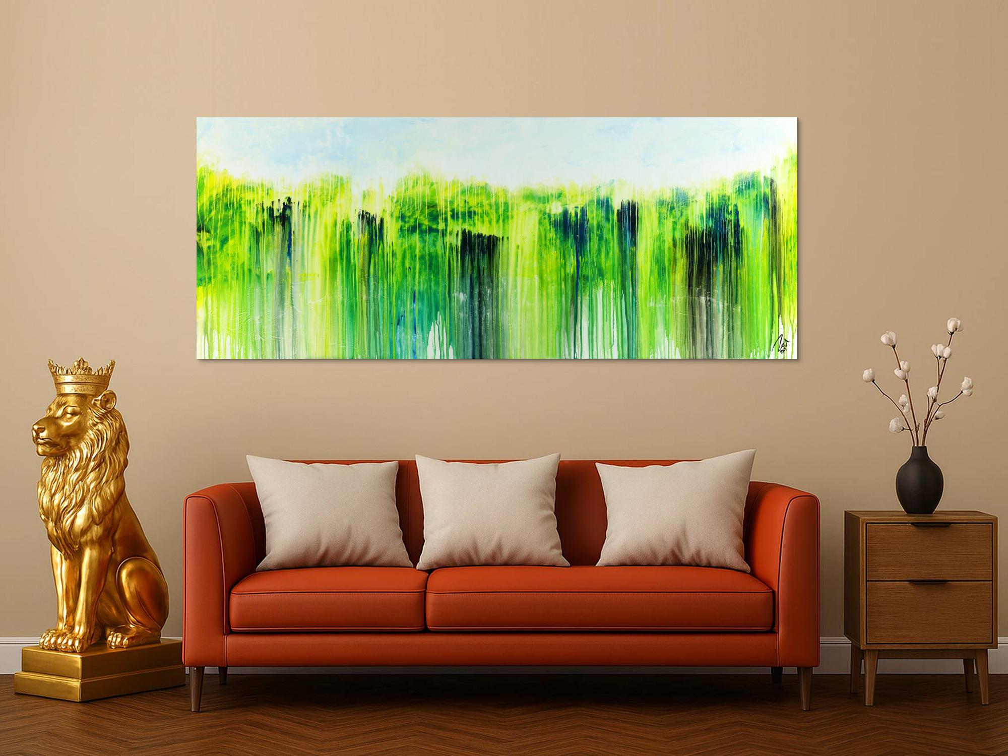 Abstraktes Acrylbild zeitgenössisch handgemalt Modern Art weiß gelb blau grün auf Leinwand