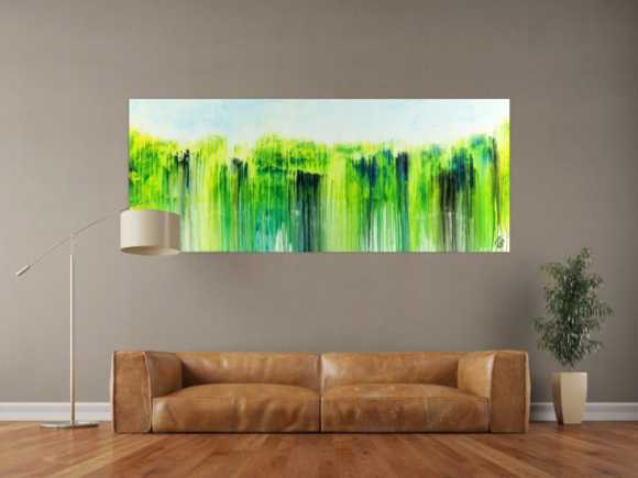 Abstraktes Acrylbild zeitgenössisch handgemalt Modern Art weiß gelb blau grün auf Leinwand