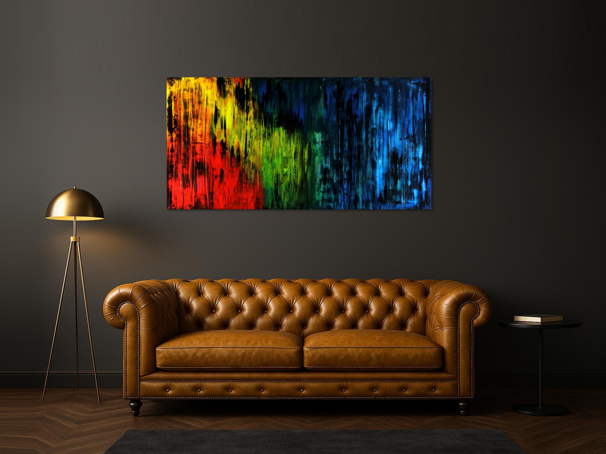 Abstraktes Acrylbild bunt und schwarz Mondern Art zeitgenössisch auf Leinwand hangemalt 