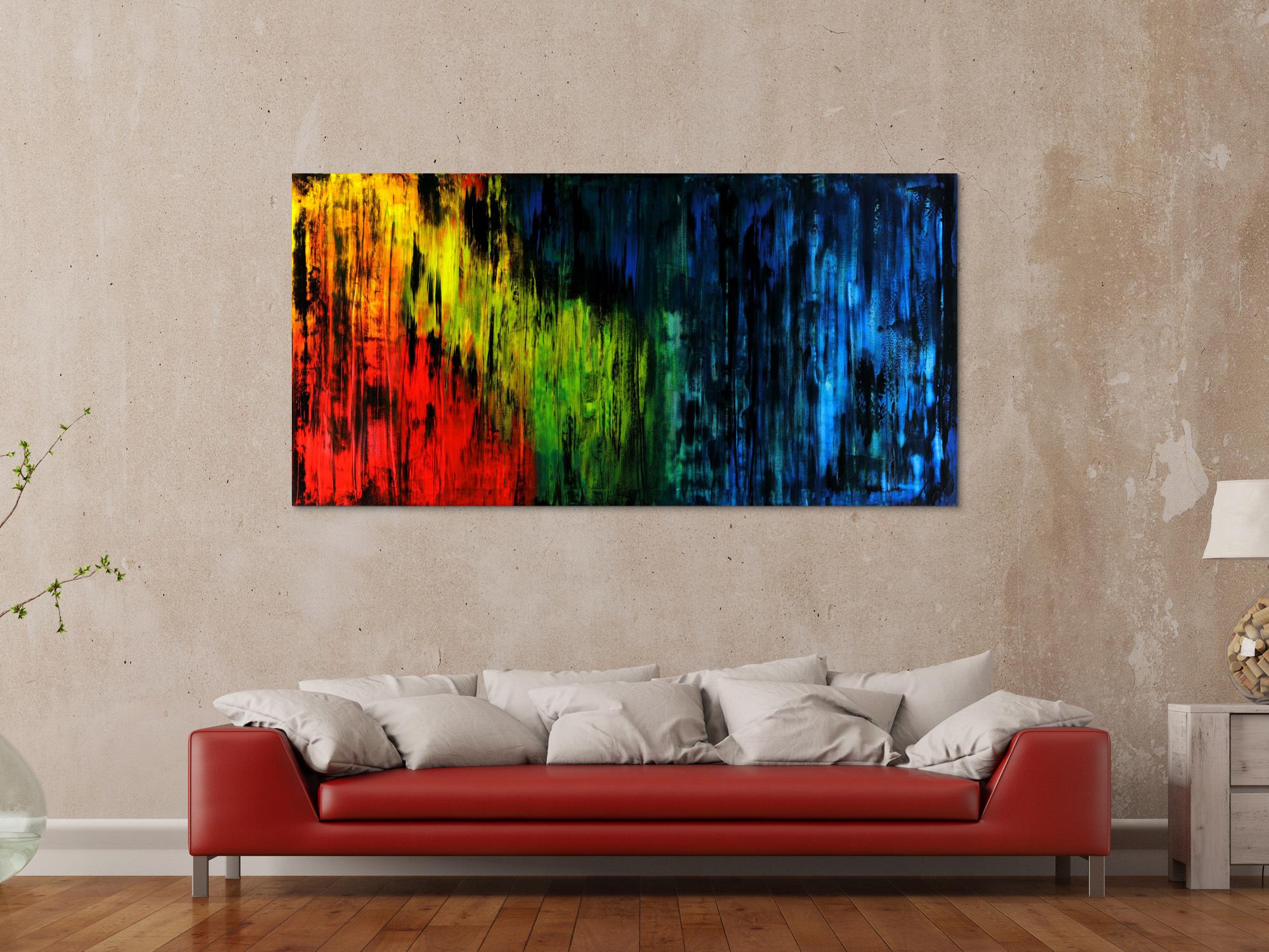 Abstraktes Acrylbild bunt und schwarz Mondern Art zeitgenössisch auf Leinwand hangemalt 