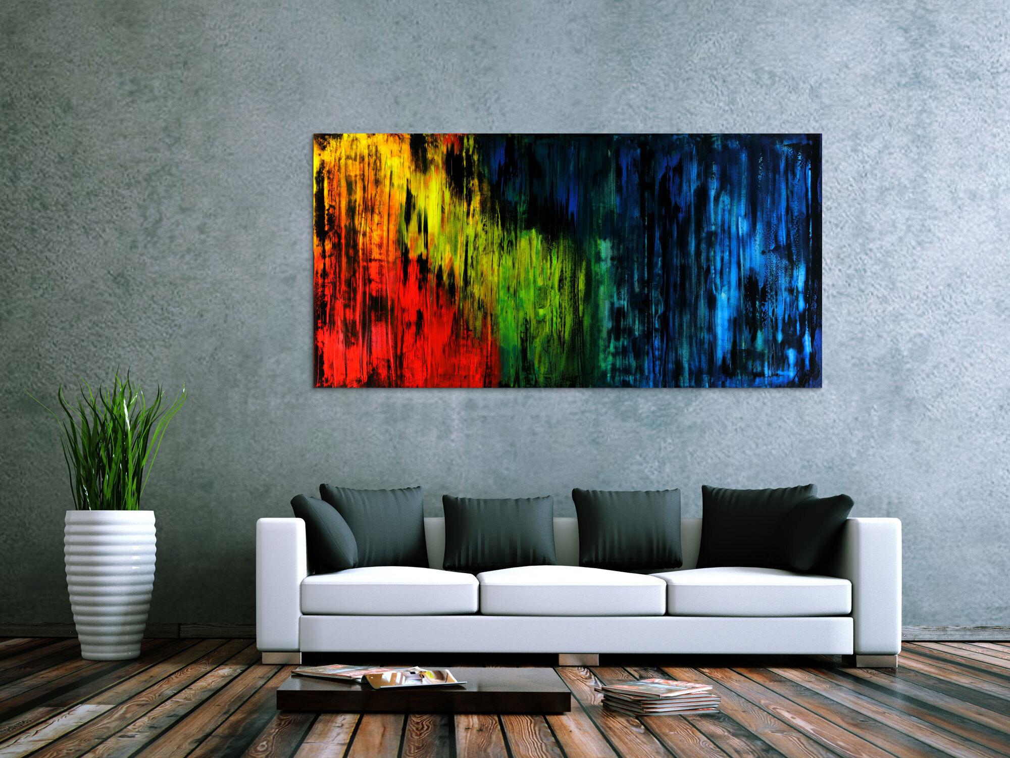 Abstraktes Acrylbild bunt und schwarz Mondern Art zeitgenössisch auf Leinwand hangemalt 