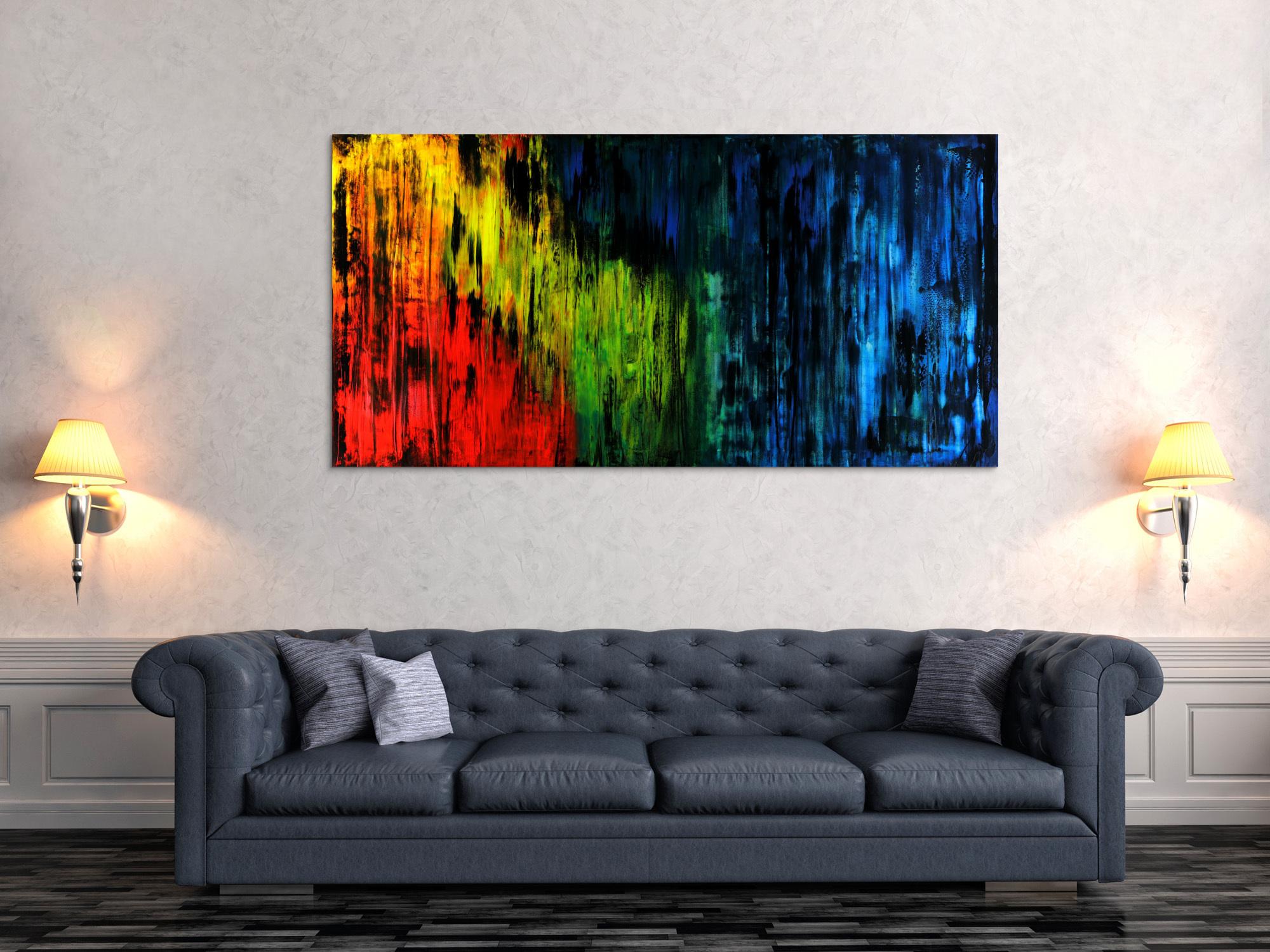 Abstraktes Acrylbild bunt und schwarz Mondern Art zeitgenössisch auf Leinwand hangemalt 