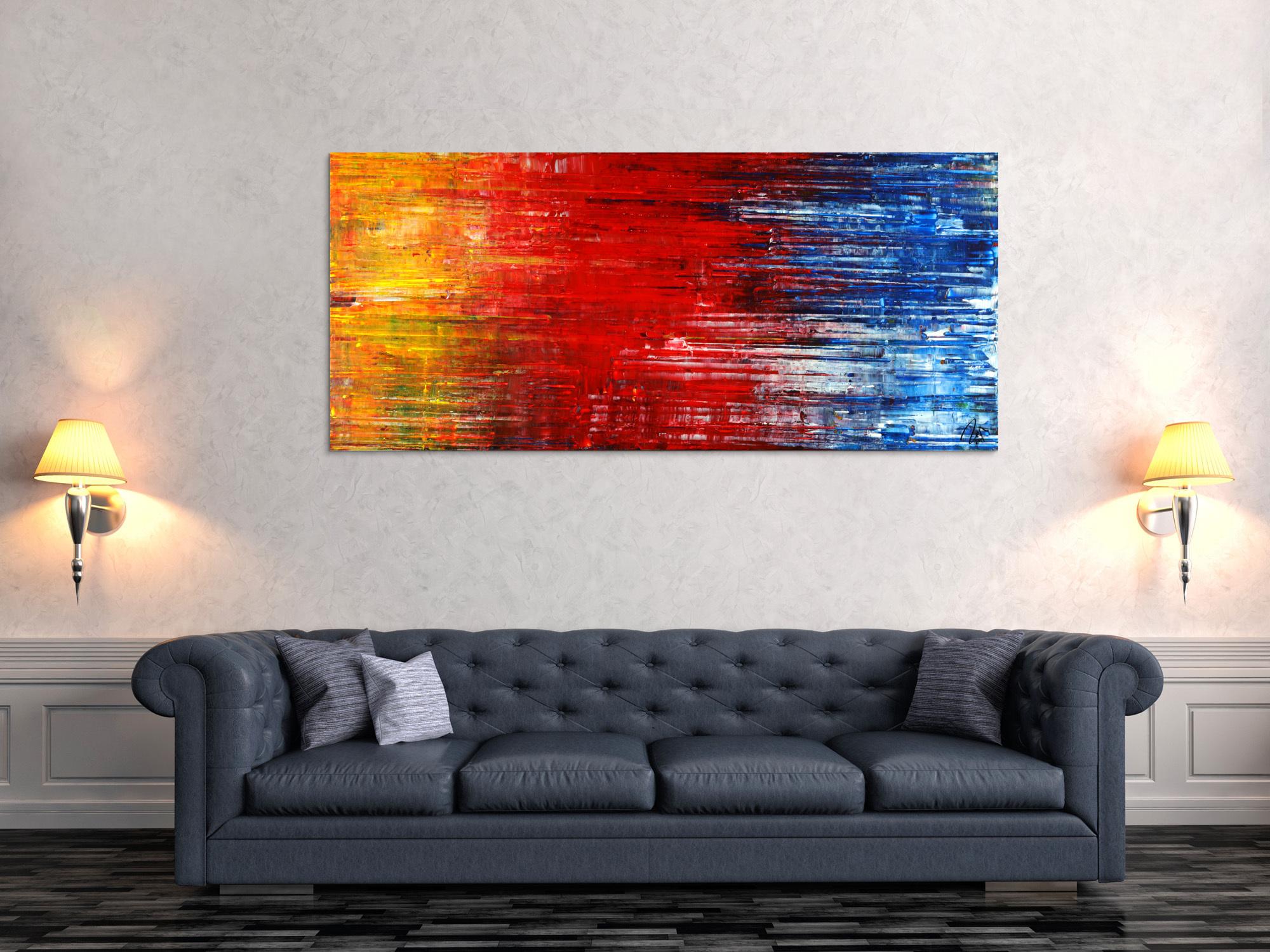 Abstraktes Acrylbild Spachteltechnik Modern Art gelb rot blau weiß auf Leinwand