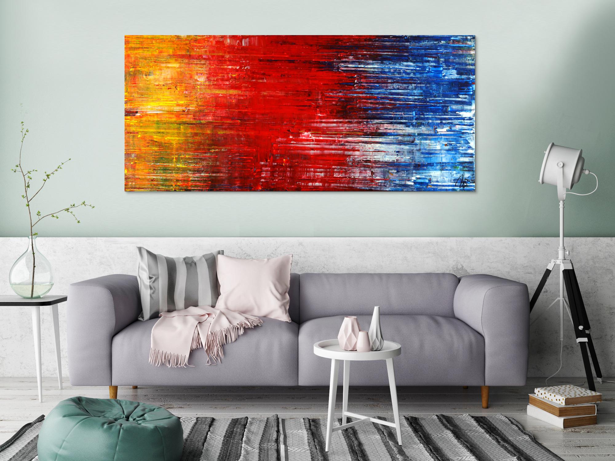 Abstraktes Acrylbild Spachteltechnik Modern Art gelb rot blau weiß auf Leinwand