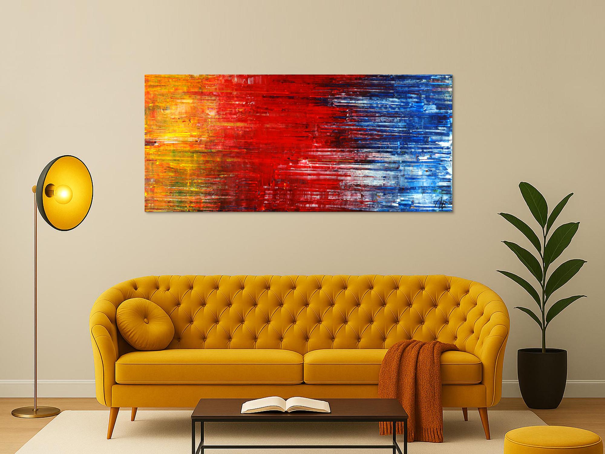 Abstraktes Acrylbild Spachteltechnik Modern Art gelb rot blau weiß auf Leinwand