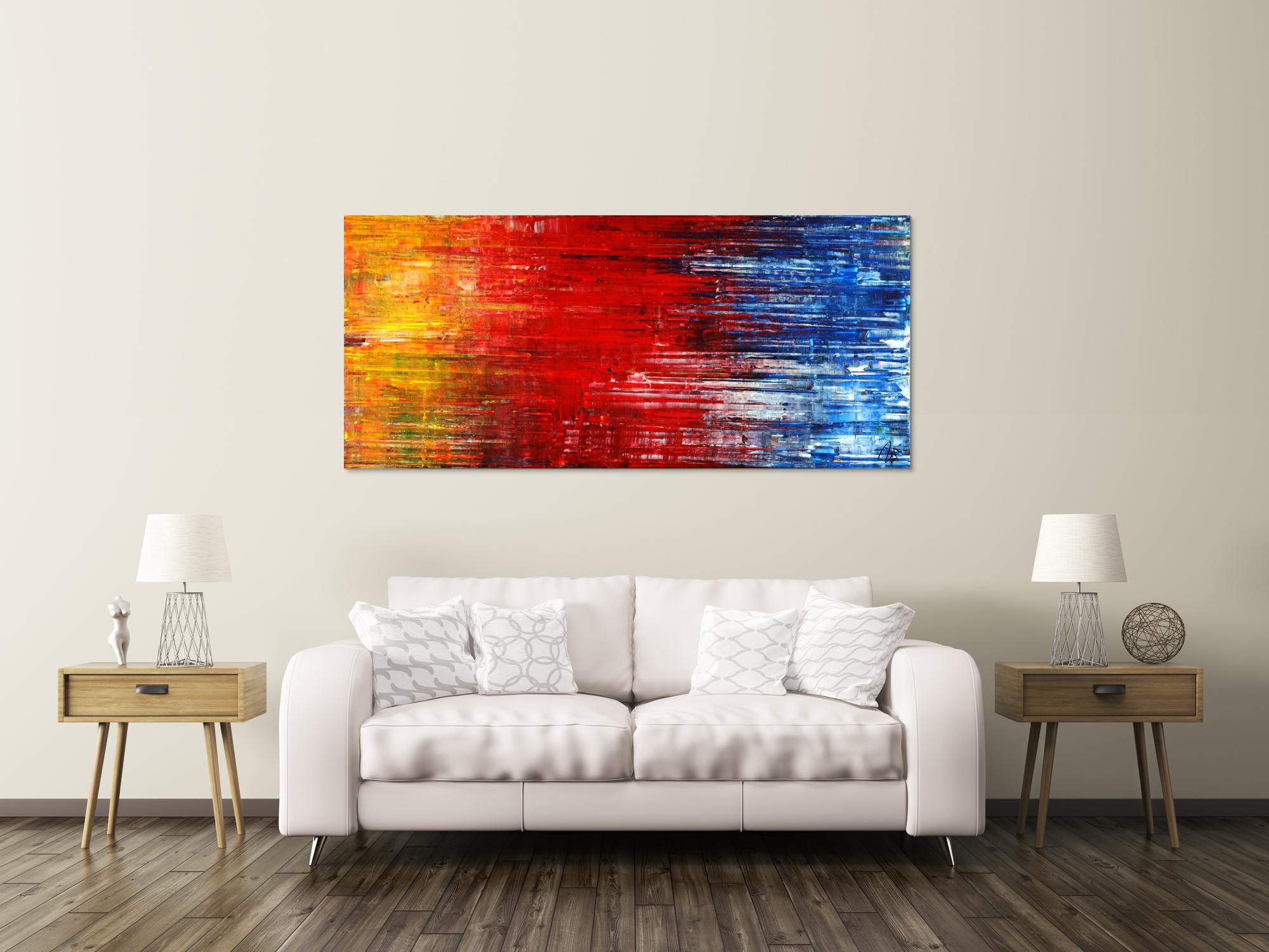 Abstraktes Acrylbild Spachteltechnik Modern Art gelb rot blau weiß auf Leinwand