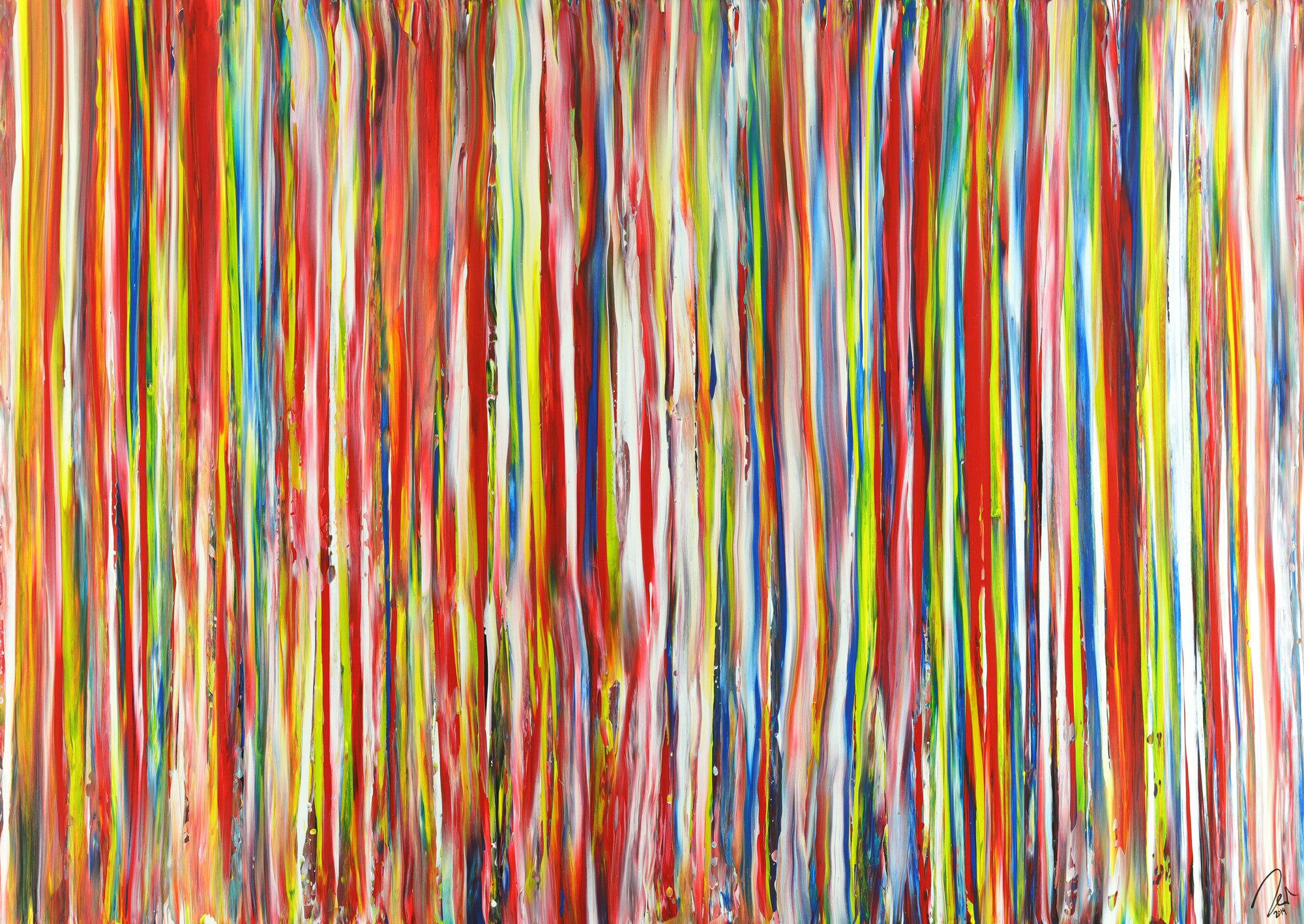 Abstraktes Acrylbild sehr bunte Streifen auf Leinwand handgemalt in XXL Modern Art