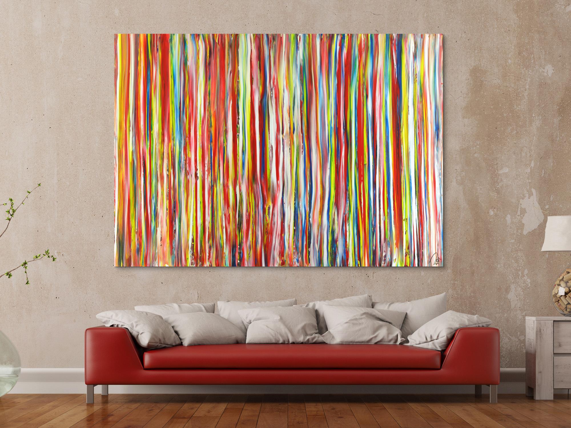 Abstraktes Acrylbild sehr bunte Streifen auf Leinwand handgemalt in XXL Modern Art