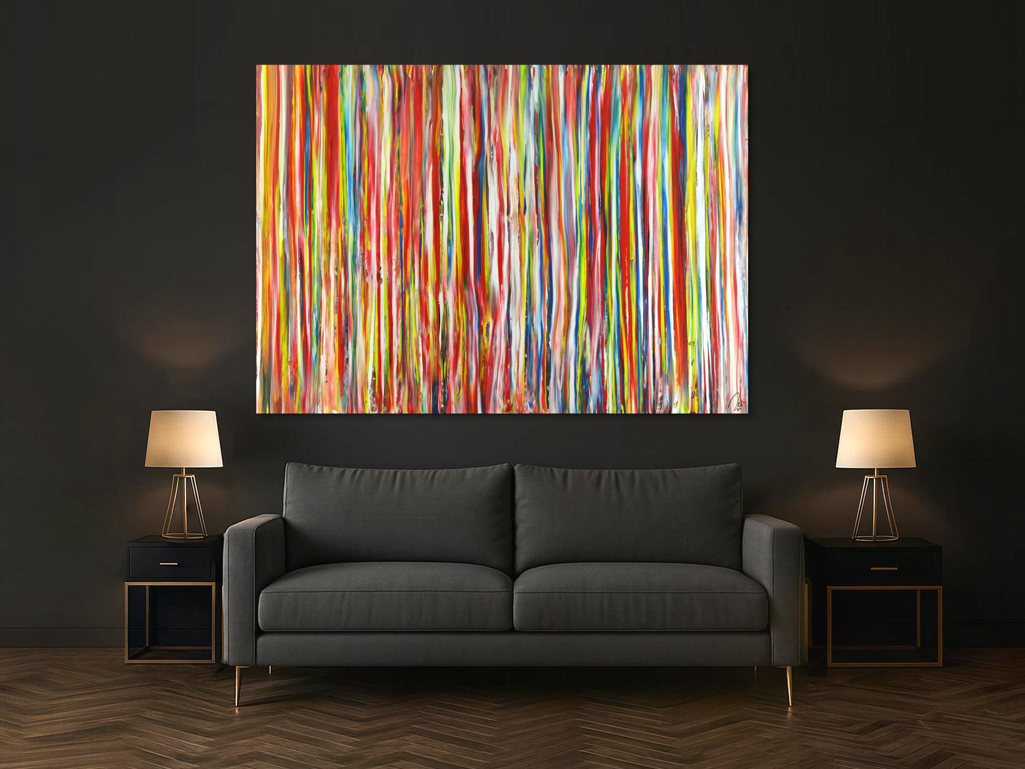 Abstraktes Acrylbild sehr bunte Streifen auf Leinwand handgemalt in XXL Modern Art