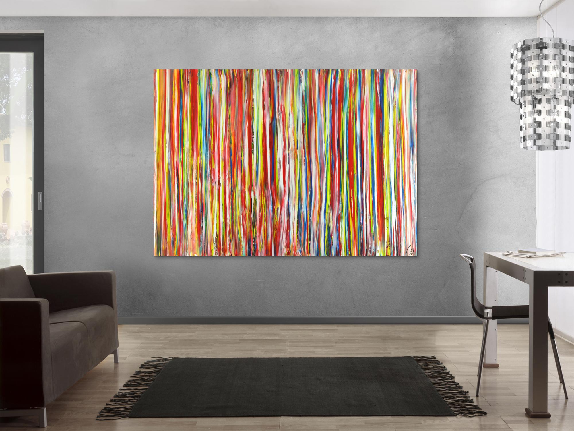 Abstraktes Acrylbild sehr bunte Streifen auf Leinwand handgemalt in XXL Modern Art