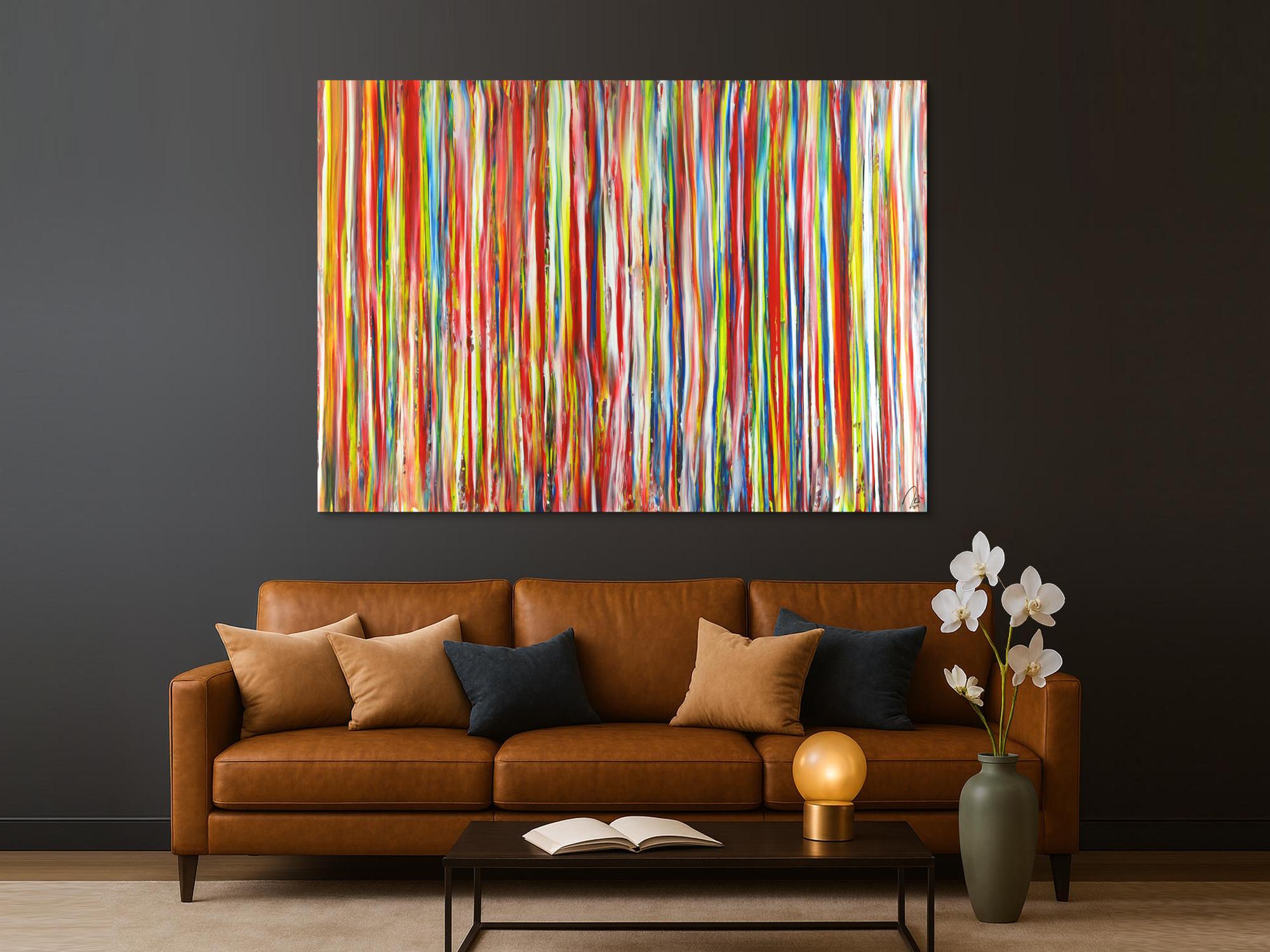 Abstraktes Acrylbild sehr bunte Streifen auf Leinwand handgemalt in XXL Modern Art