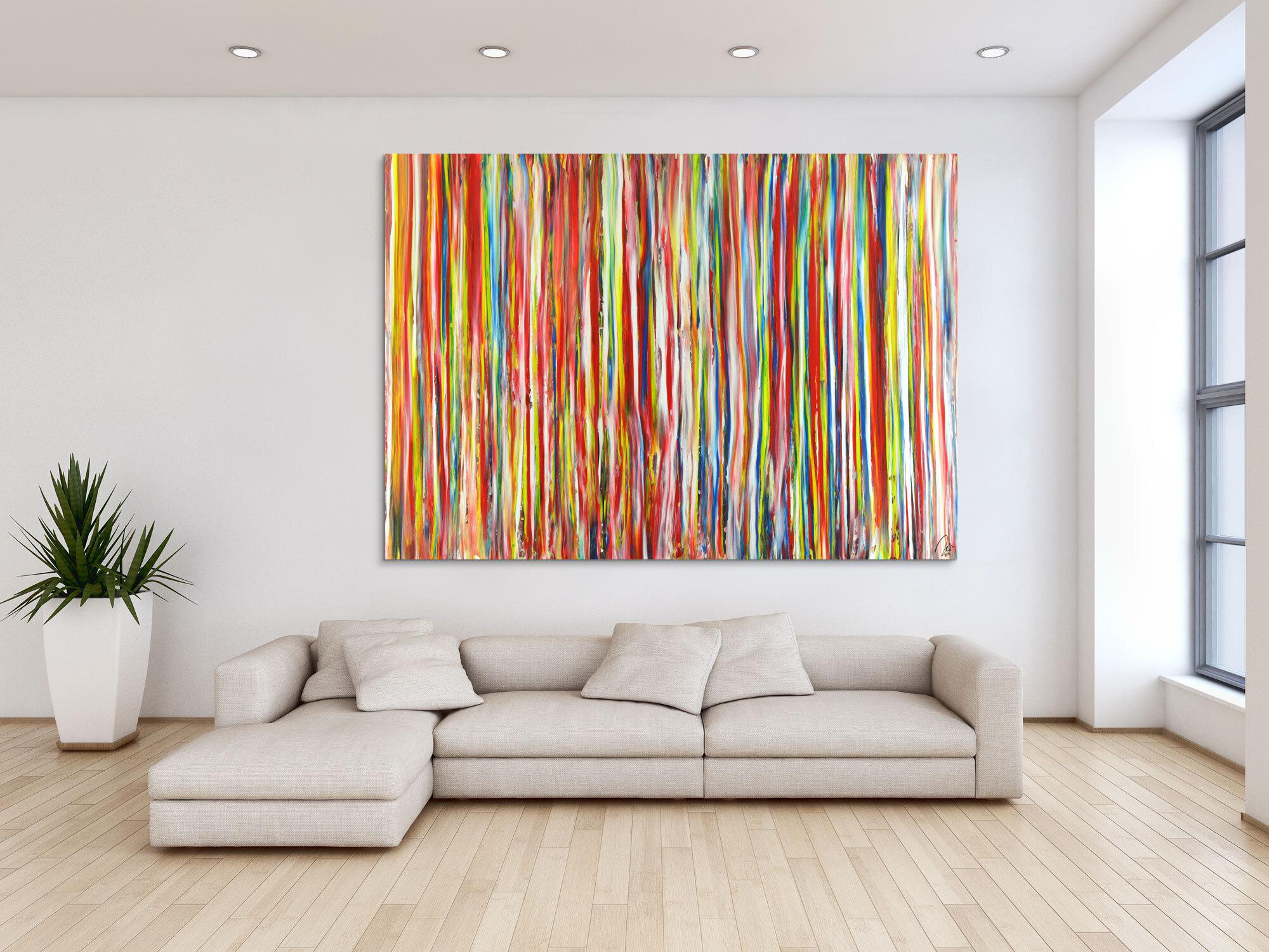 Abstraktes Acrylbild sehr bunte Streifen auf Leinwand handgemalt in XXL Modern Art