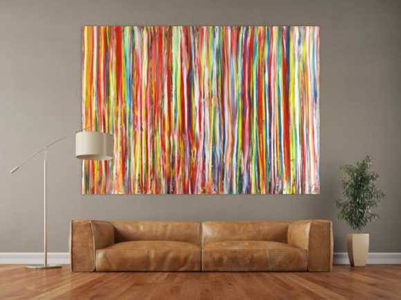 Abstraktes Acrylbild sehr bunte Streifen auf Leinwand handgemalt in XXL Modern Art