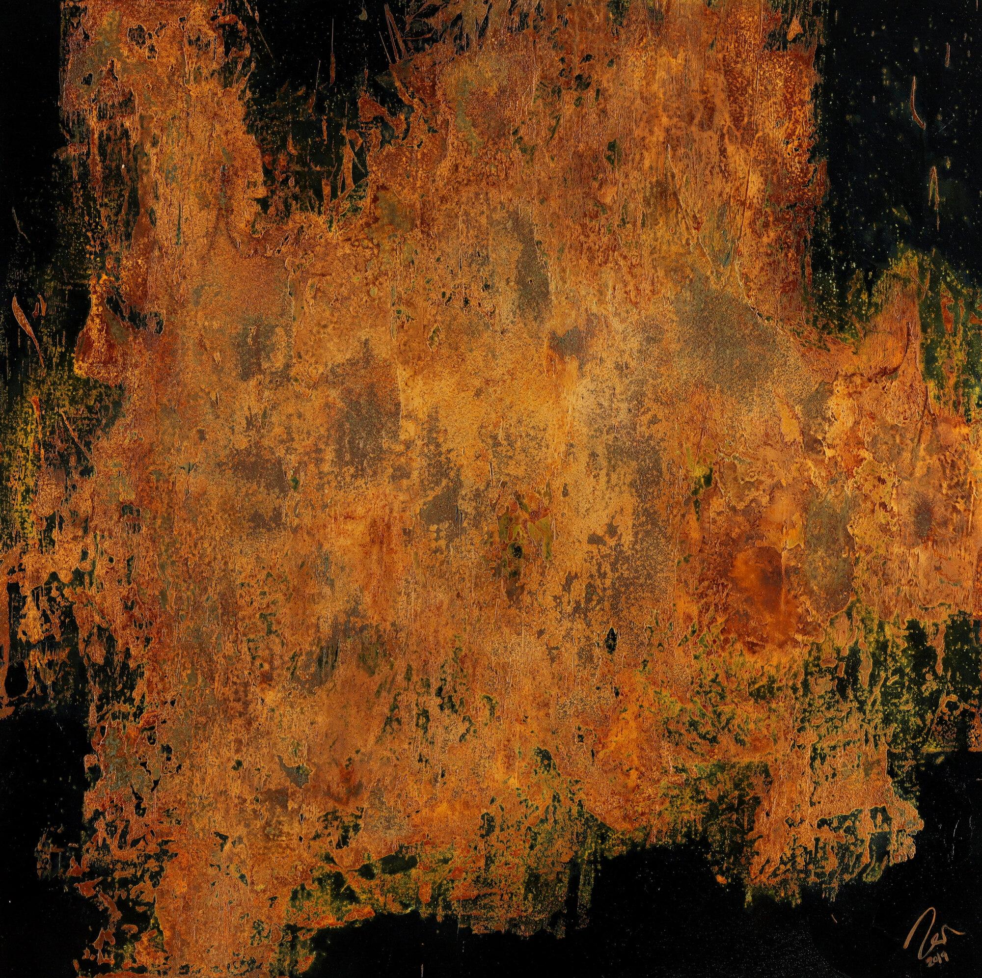 Abstraktes Gemälde aus echtem Rost auf Leinwand schwarzer Grund Rost mit Struktur handgemalt quadratisch