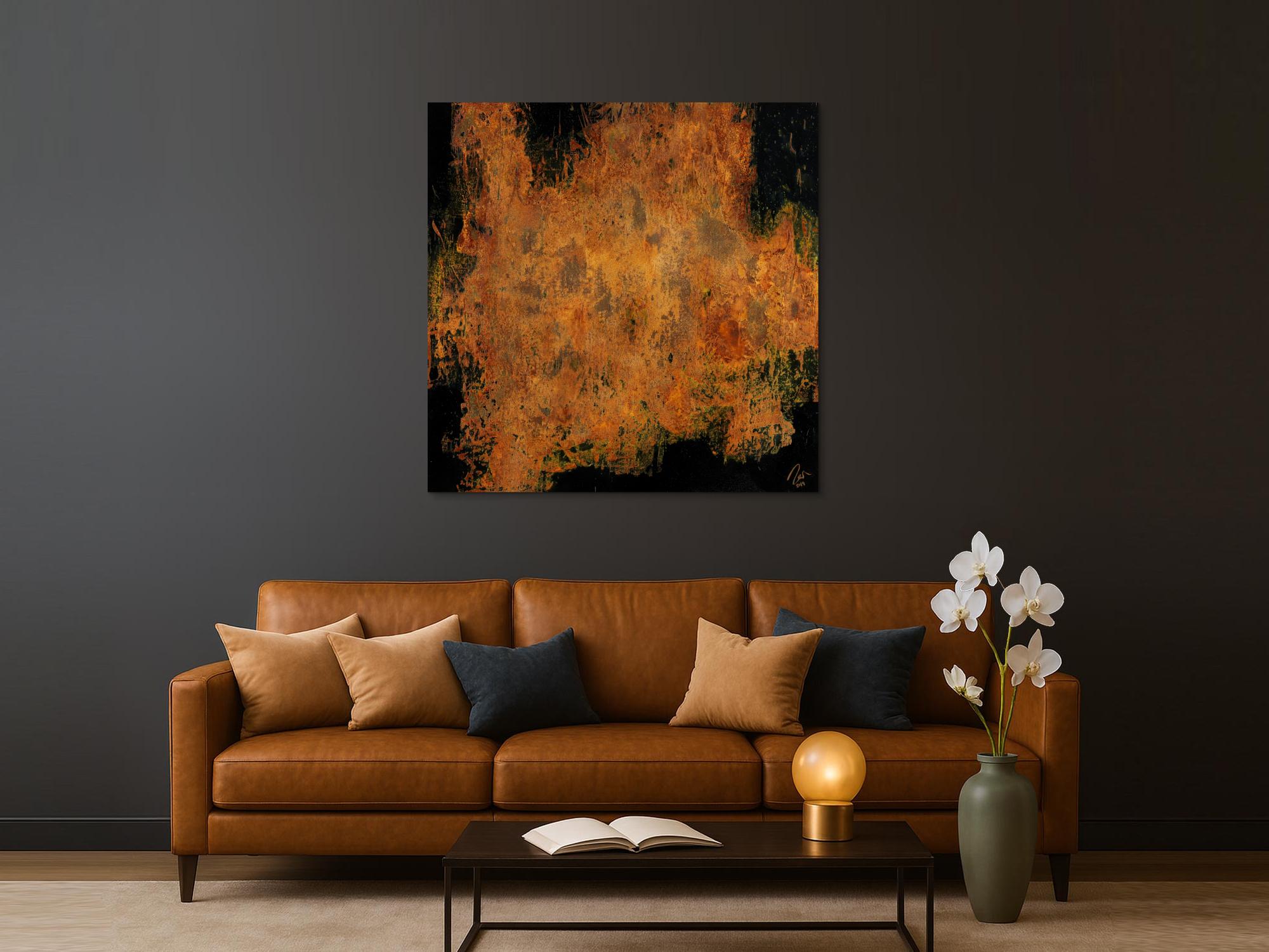 Abstraktes Gemälde aus echtem Rost auf Leinwand schwarzer Grund Rost mit Struktur handgemalt quadratisch