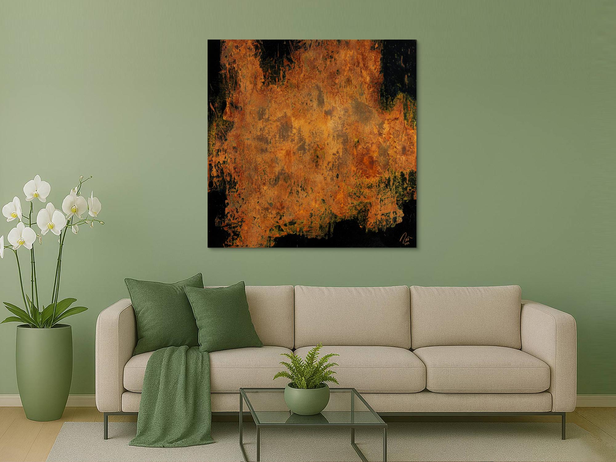 Abstraktes Gemälde aus echtem Rost auf Leinwand schwarzer Grund Rost mit Struktur handgemalt quadratisch