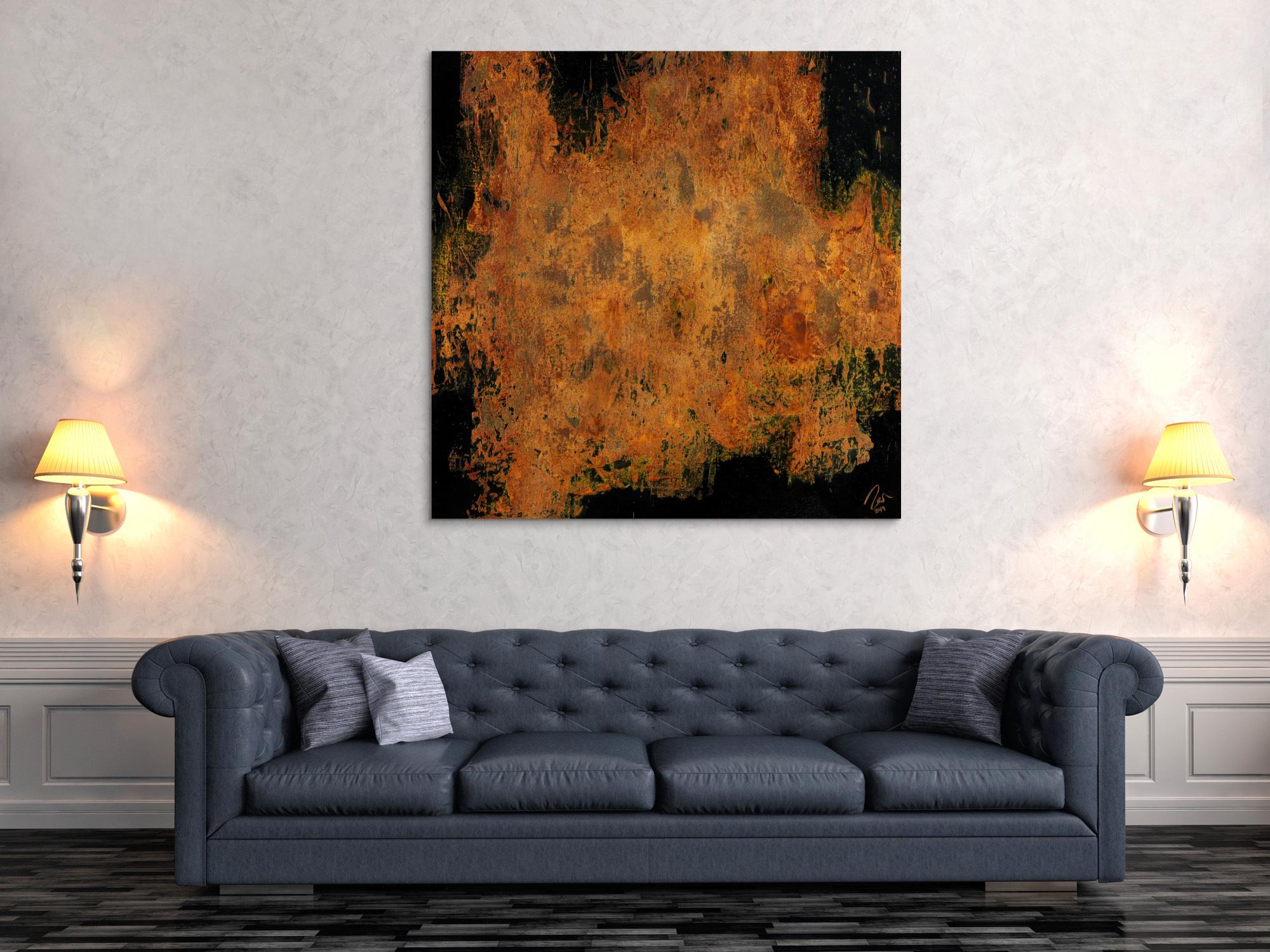 Abstraktes Gemälde aus echtem Rost auf Leinwand schwarzer Grund Rost mit Struktur handgemalt quadratisch