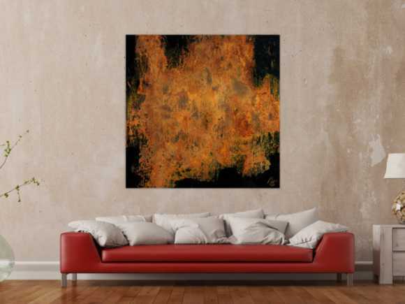 Abstraktes Gemälde aus echtem Rost auf Leinwand schwarzer Grund Rost mit Struktur handgemalt quadratisch