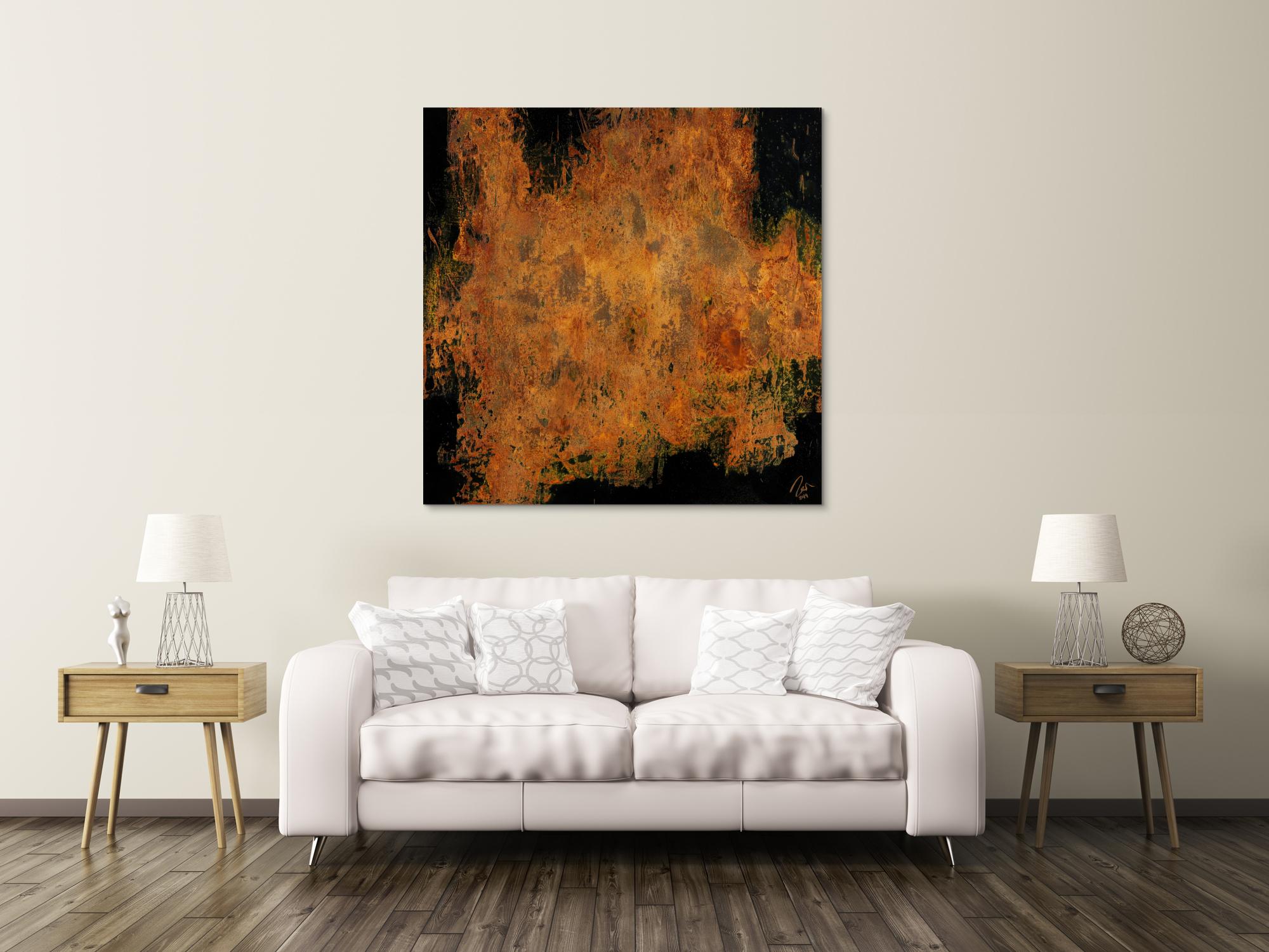 Abstraktes Gemälde aus echtem Rost auf Leinwand schwarzer Grund Rost mit Struktur handgemalt quadratisch