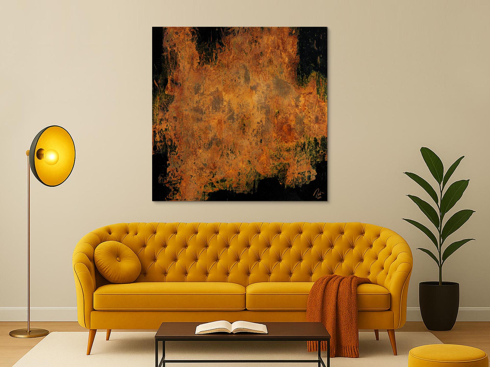 Abstraktes Gemälde aus echtem Rost auf Leinwand schwarzer Grund Rost mit Struktur handgemalt quadratisch