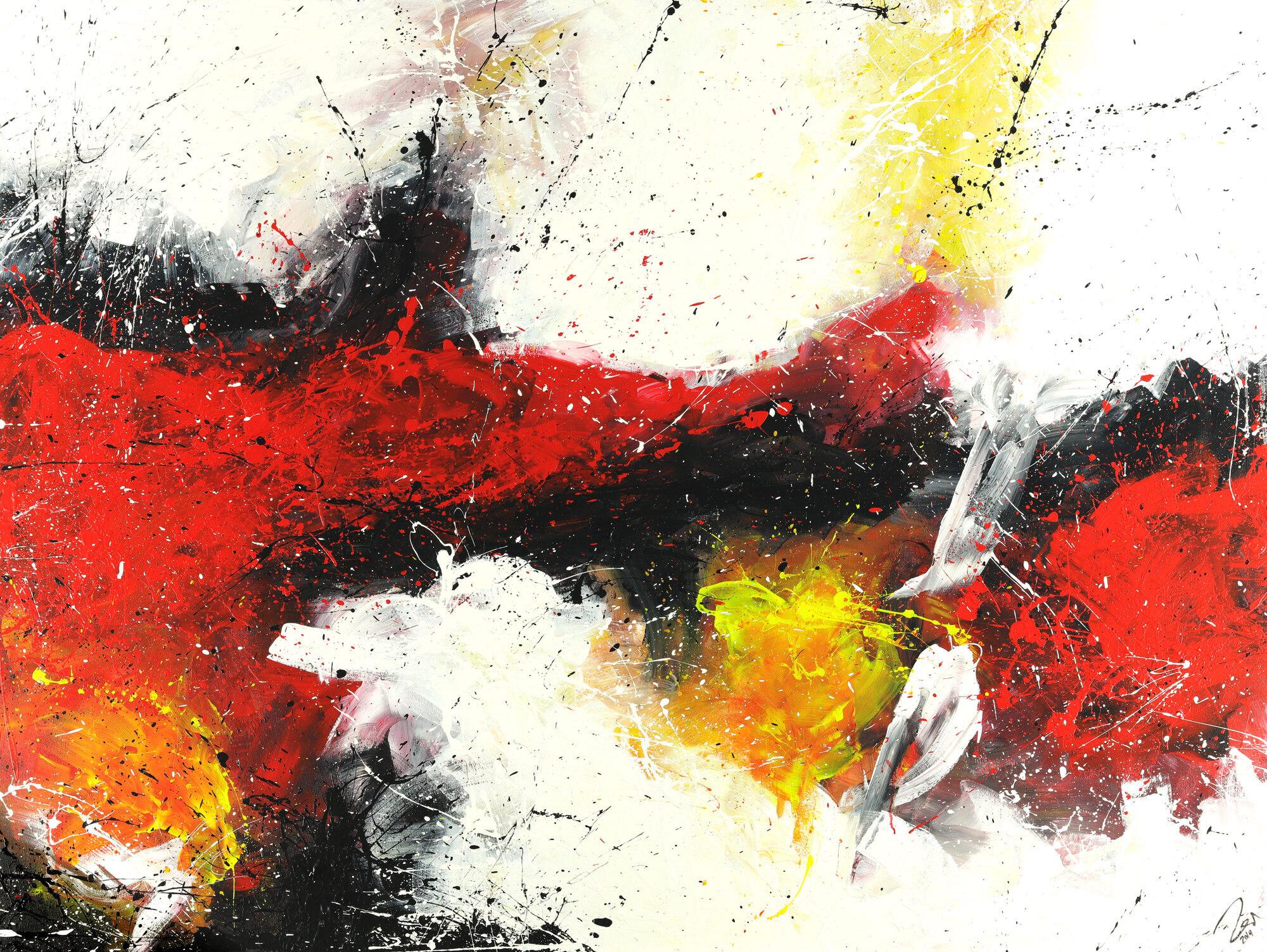 Abstraktes Acrylbild zeitgenössische expressionsistisch rot weiß schwarz gelb handgemalt auf Leinwand