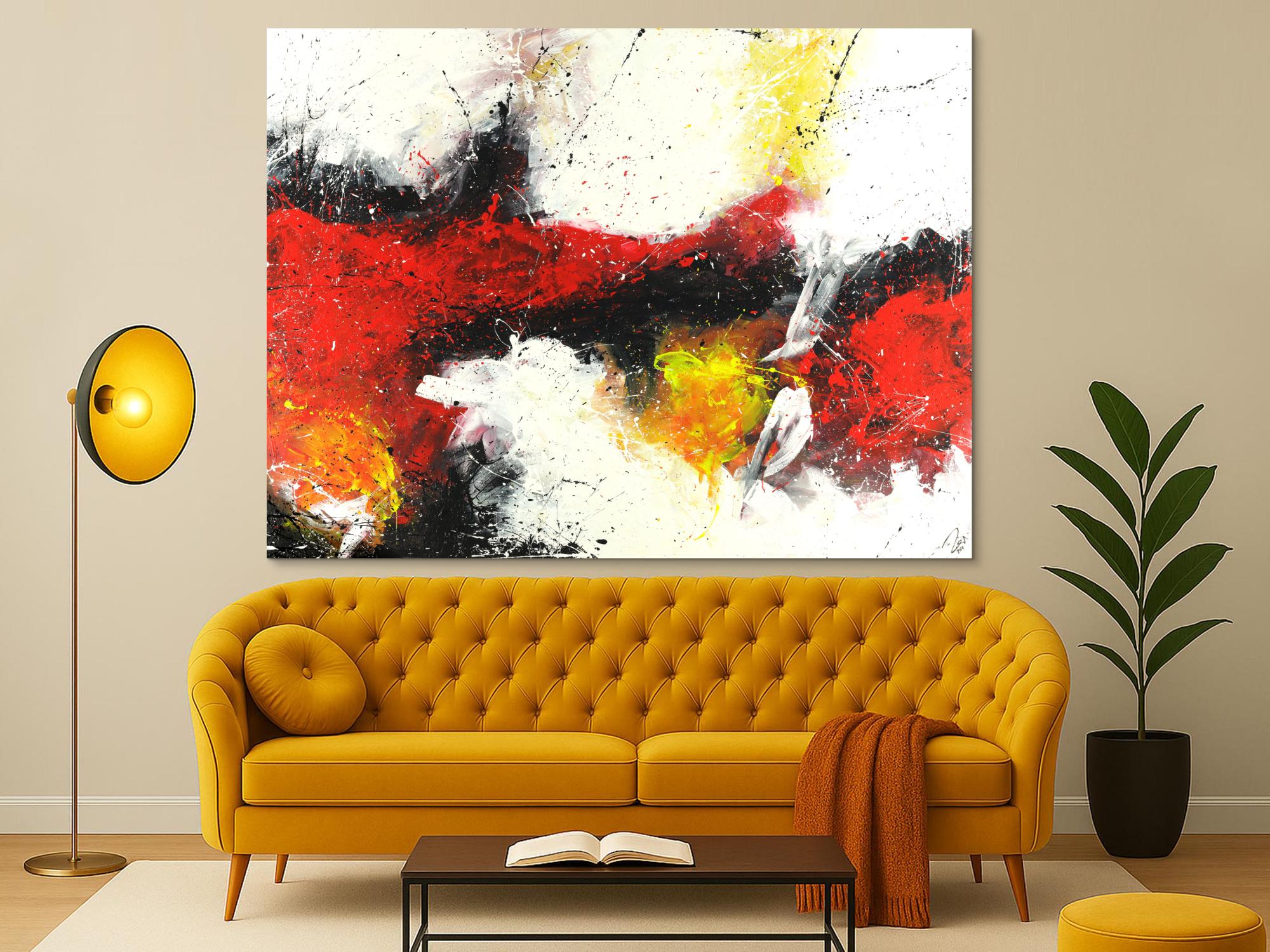 Abstraktes Acrylbild zeitgenössische expressionsistisch rot weiß schwarz gelb handgemalt auf Leinwand