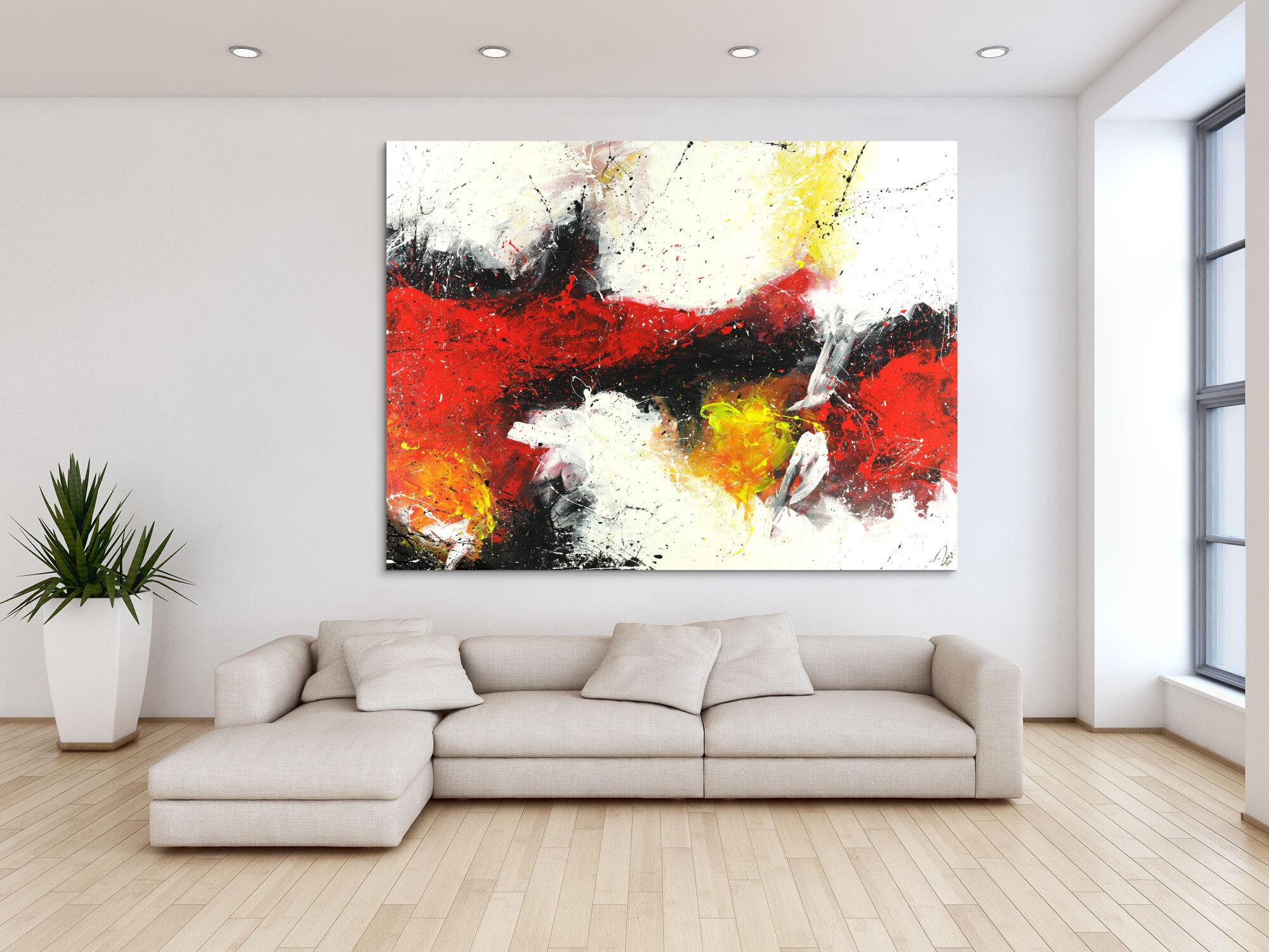 Abstraktes Acrylbild zeitgenössische expressionsistisch rot weiß schwarz gelb handgemalt auf Leinwand