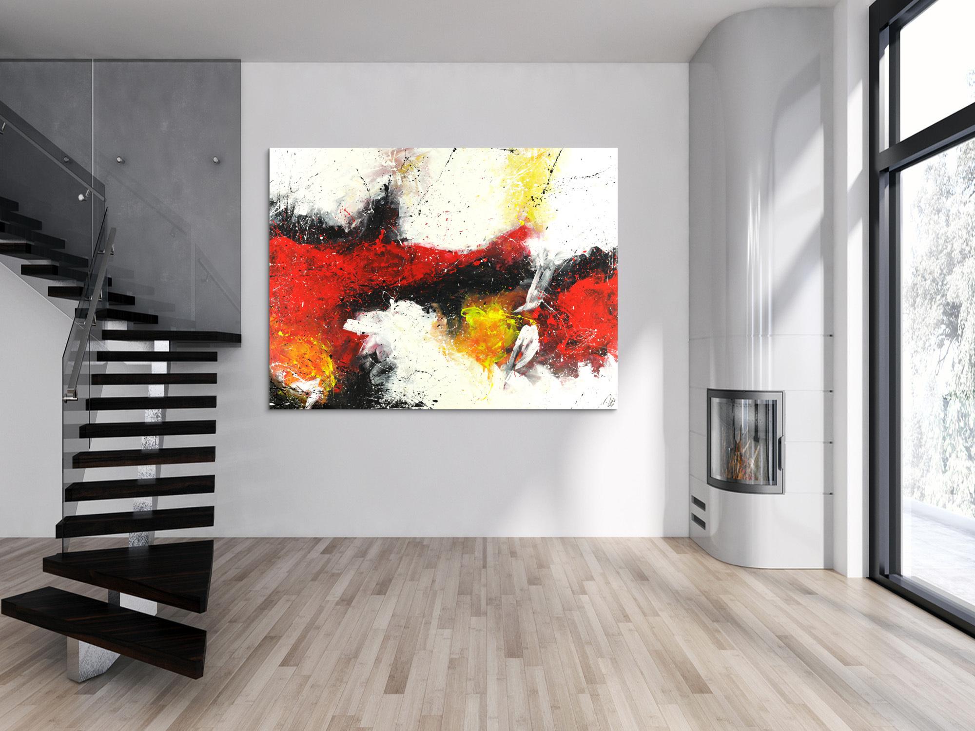 Abstraktes Acrylbild zeitgenössische expressionsistisch rot weiß schwarz gelb handgemalt auf Leinwand