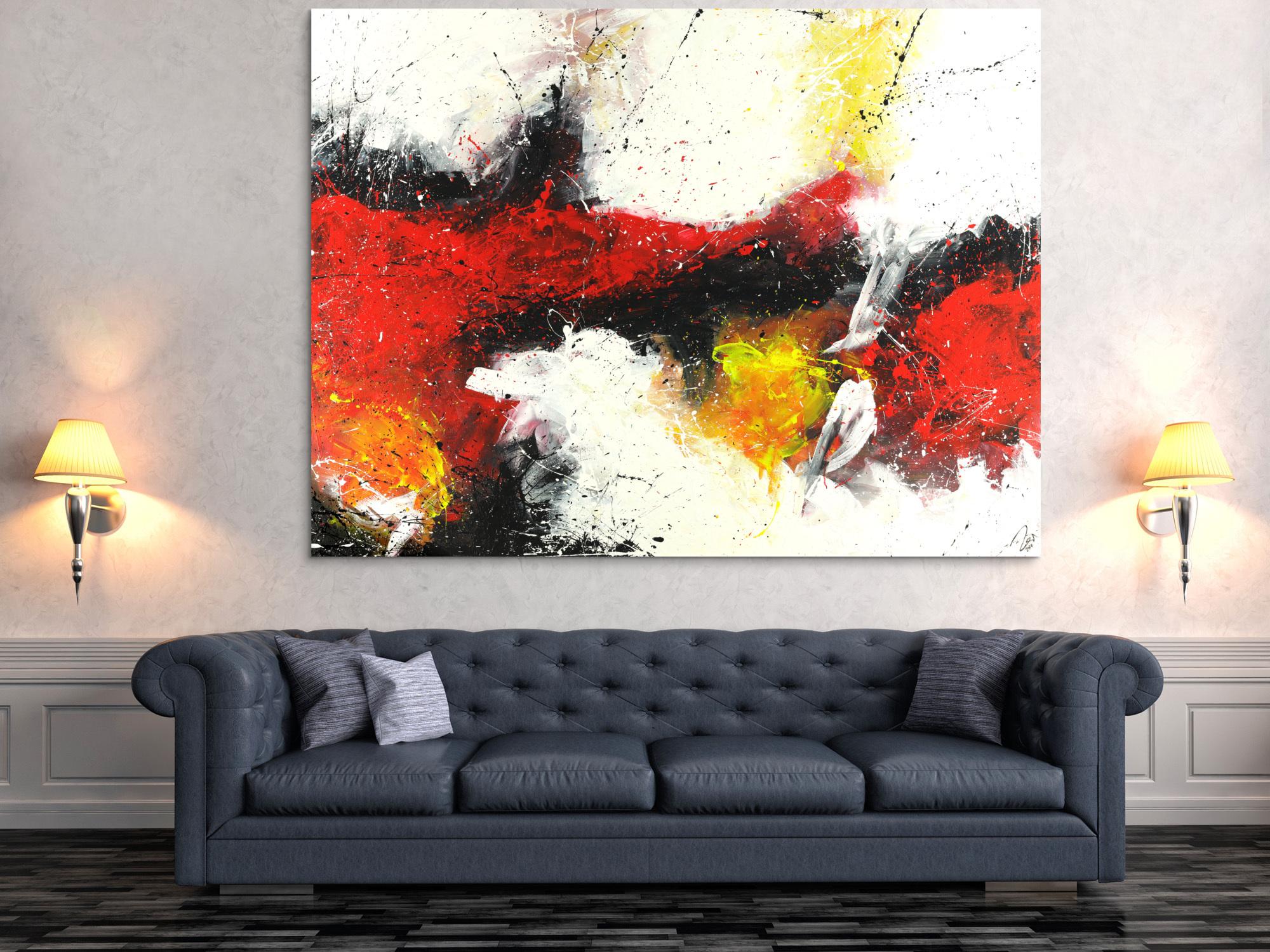 Abstraktes Acrylbild zeitgenössische expressionsistisch rot weiß schwarz gelb handgemalt auf Leinwand