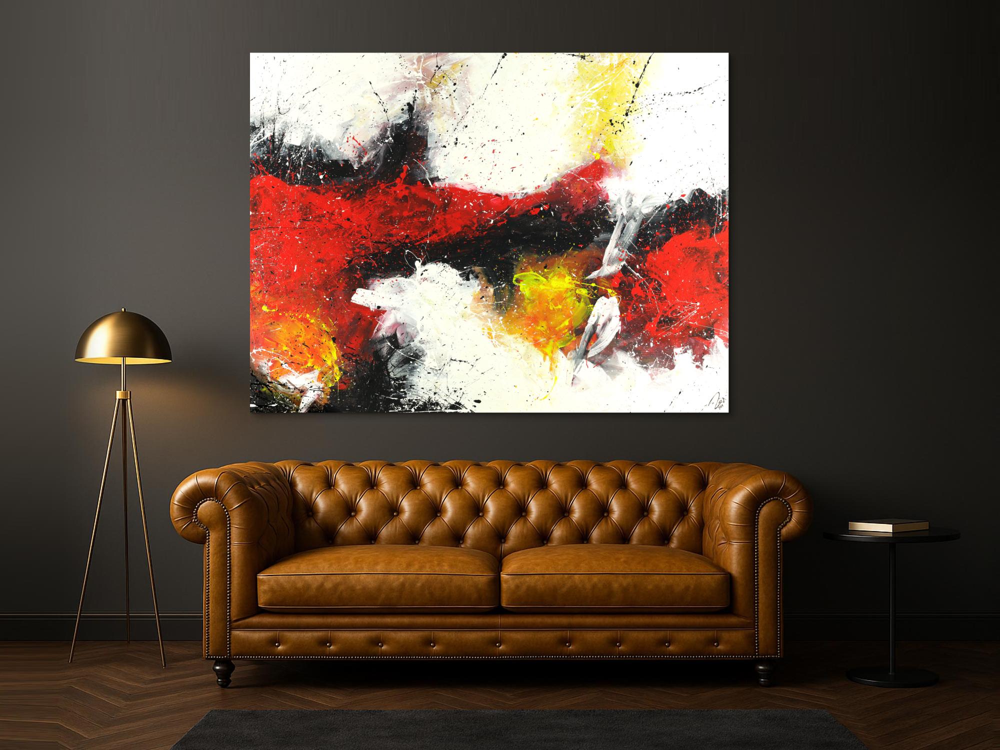 Abstraktes Acrylbild zeitgenössische expressionsistisch rot weiß schwarz gelb handgemalt auf Leinwand
