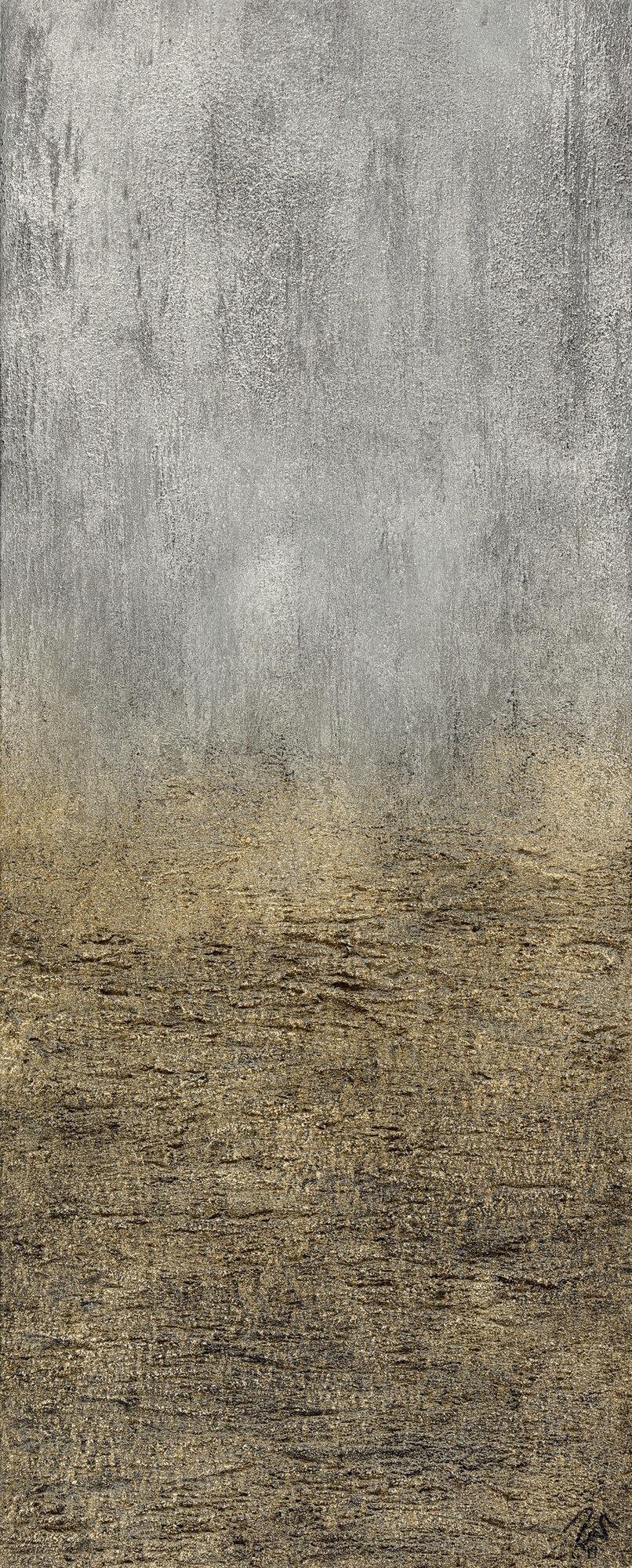 Abstraktes Acrylbild mit grober Struktur gold und silber auf Leinwand handgemalt zeitgenössisch