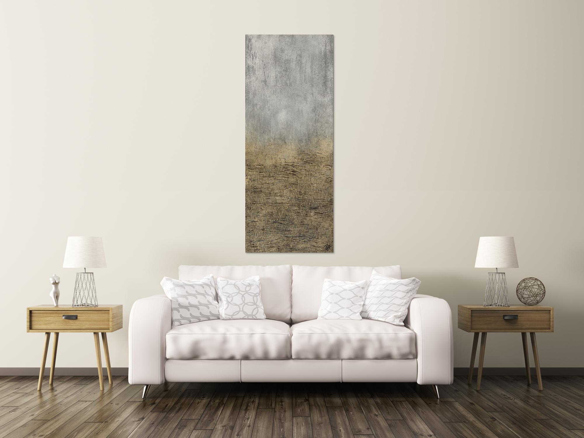 Abstraktes Acrylbild mit grober Struktur gold und silber auf Leinwand handgemalt zeitgenössisch