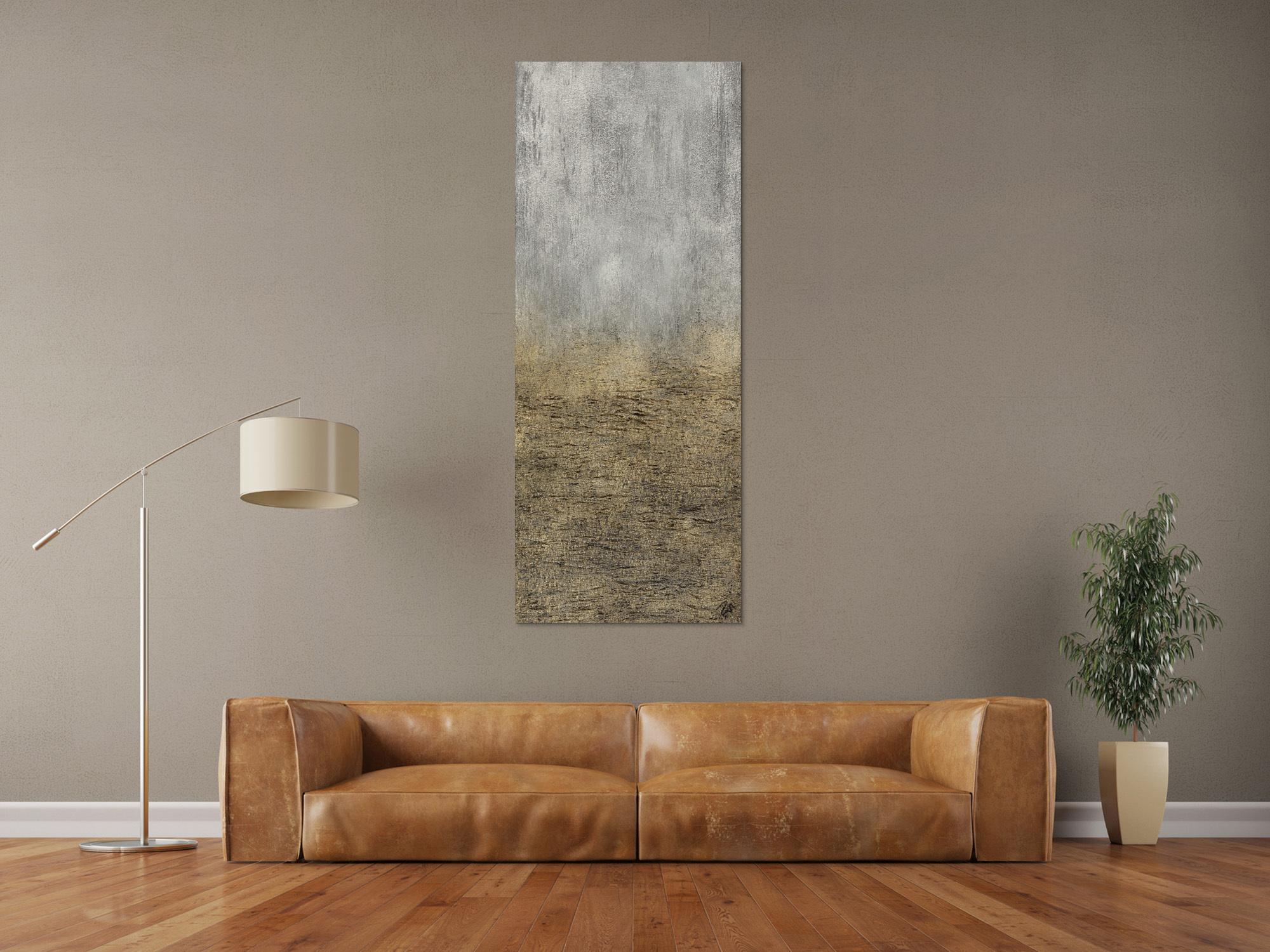 Abstraktes Acrylbild mit grober Struktur gold und silber auf Leinwand handgemalt zeitgenössisch