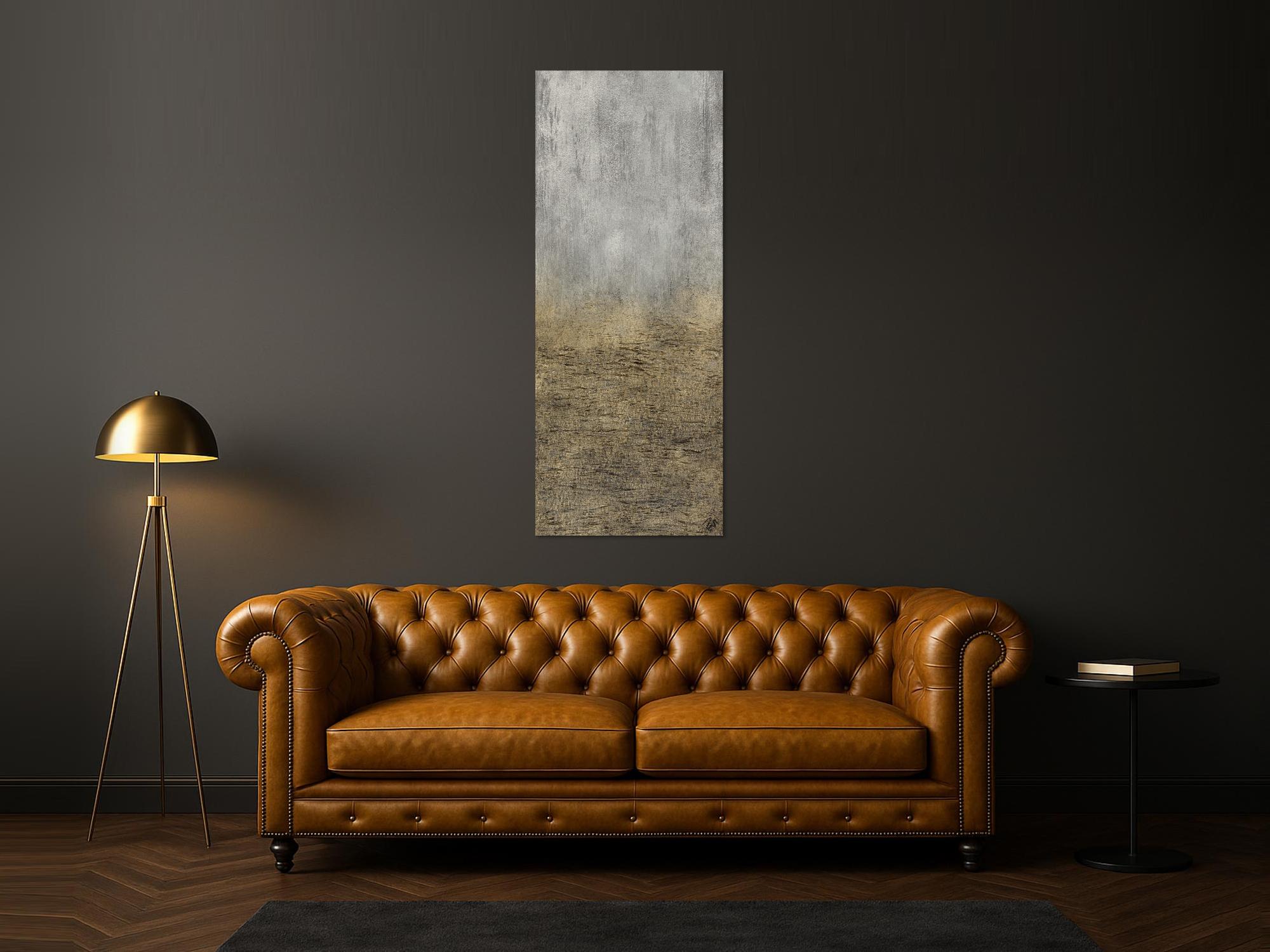 Abstraktes Acrylbild mit grober Struktur gold und silber auf Leinwand handgemalt zeitgenössisch