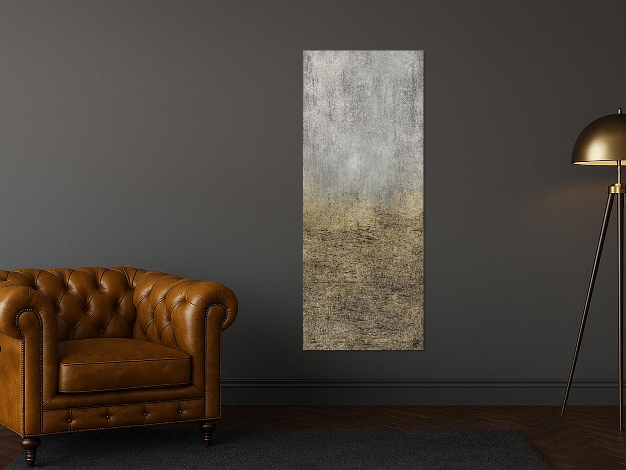 Abstraktes Acrylbild mit grober Struktur gold und silber auf Leinwand handgemalt zeitgenössisch