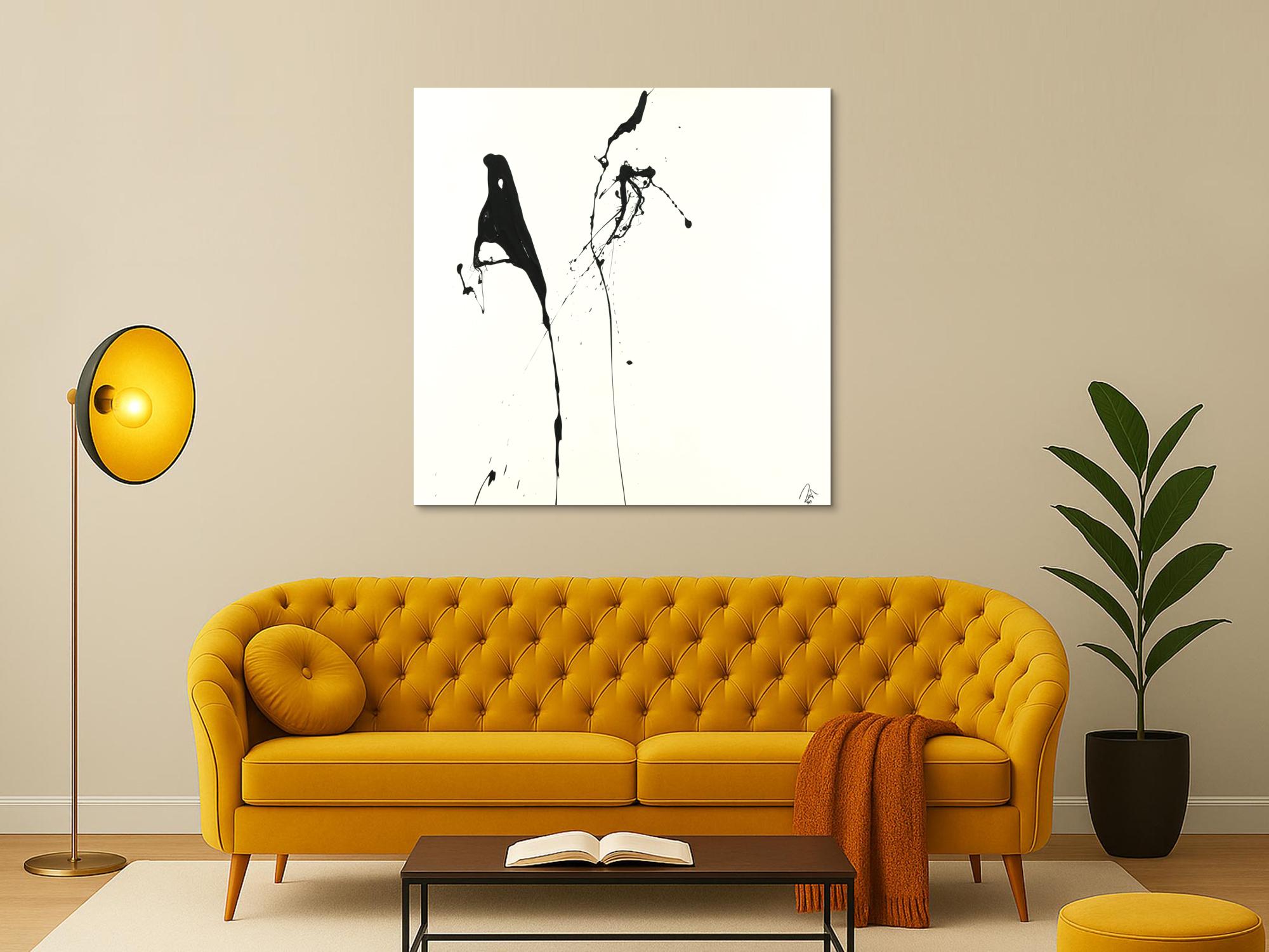 Abstraktes Acrylbild minimalistisch schwarz weiß Action Painting Modern Art zeitgenössisch