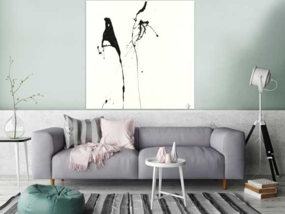 Abstraktes Acrylbild minimalistisch schwarz weiß Action Painting Modern Art zeitgenössisch