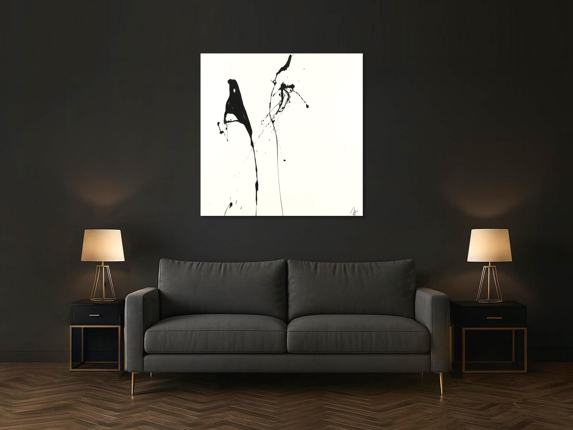 Abstraktes Acrylbild minimalistisch schwarz weiß Action Painting Modern Art zeitgenössisch