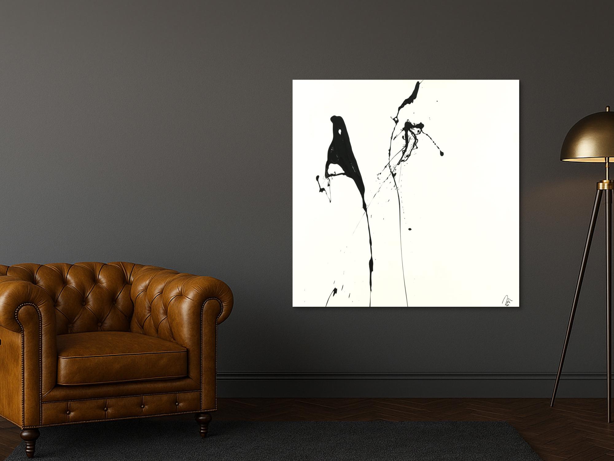 Abstraktes Acrylbild minimalistisch schwarz weiß Action Painting Modern Art zeitgenössisch