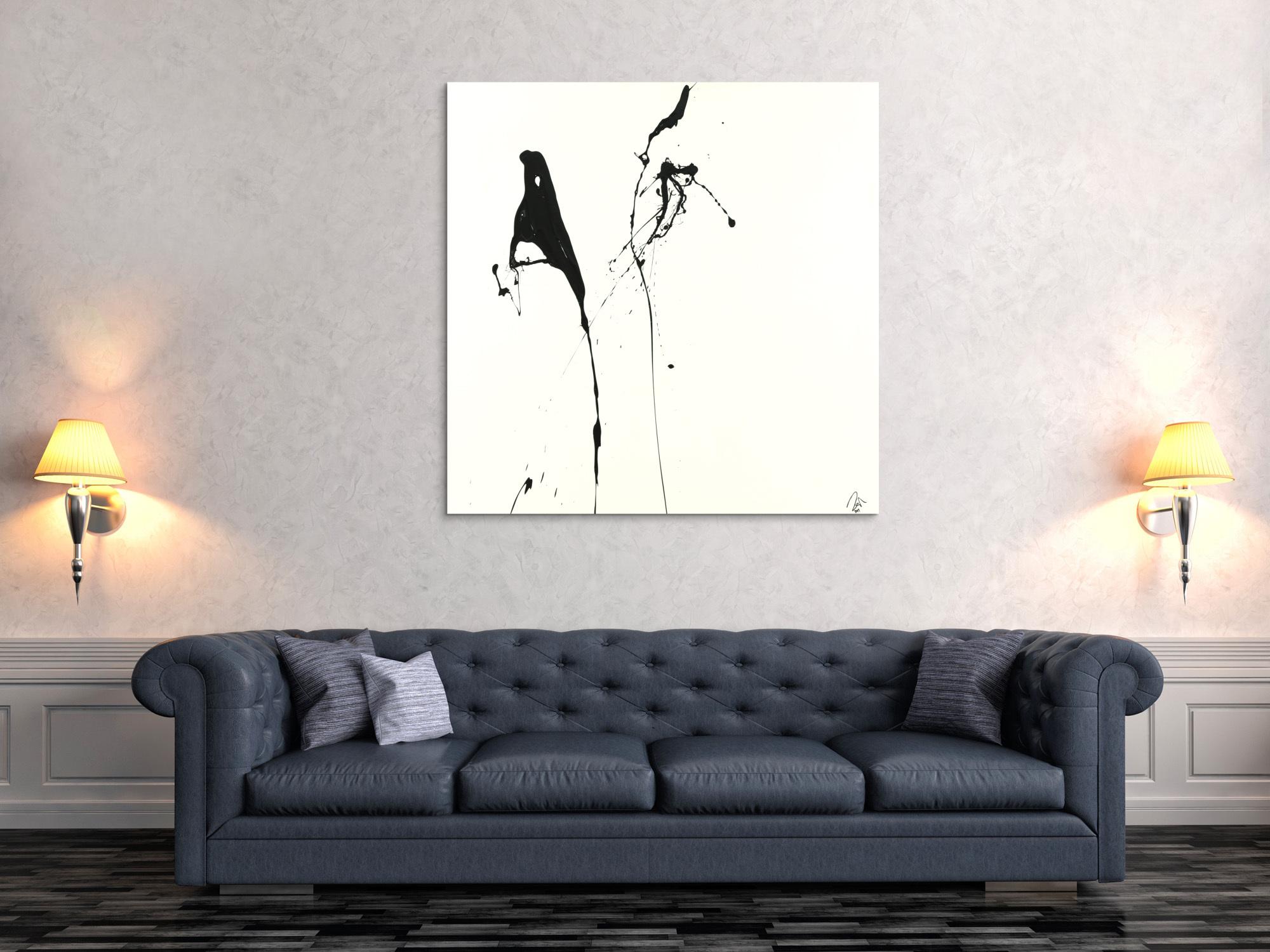 Abstraktes Acrylbild minimalistisch schwarz weiß Action Painting Modern Art zeitgenössisch
