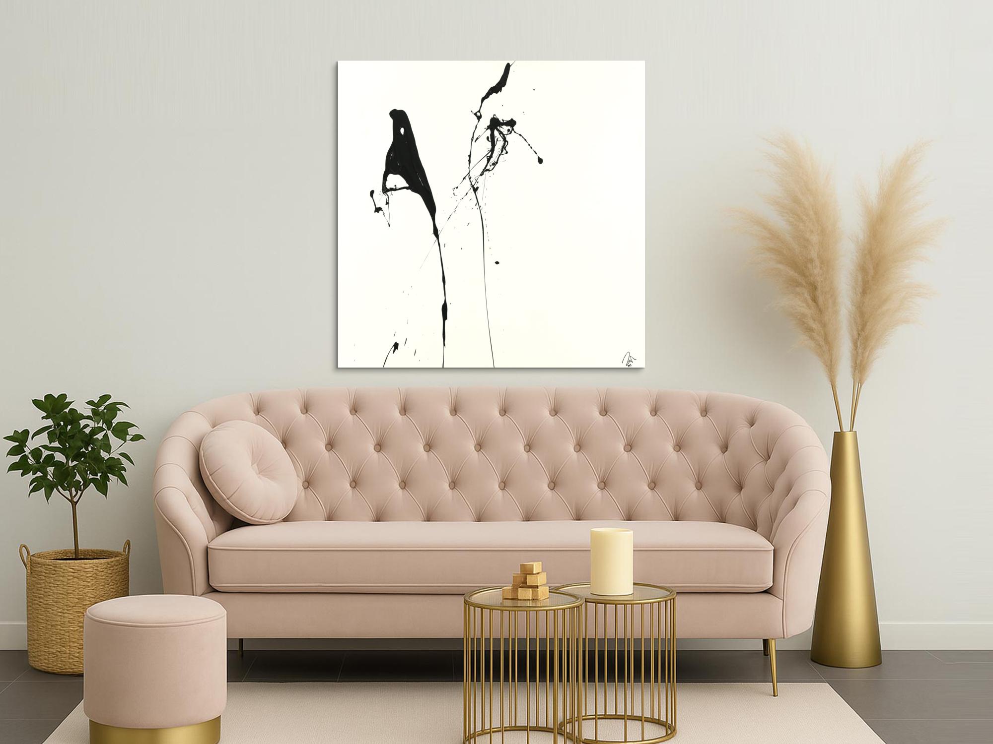 Abstraktes Acrylbild minimalistisch schwarz weiß Action Painting Modern Art zeitgenössisch