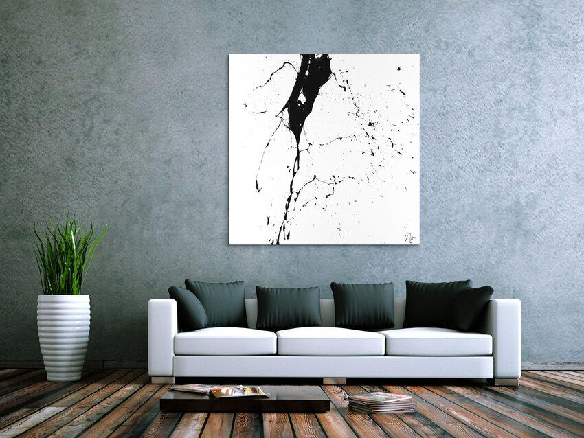 Abstraktes Acrylbild schwarz weiß minimalistisch Action Painting auf Leinwand handgemalt